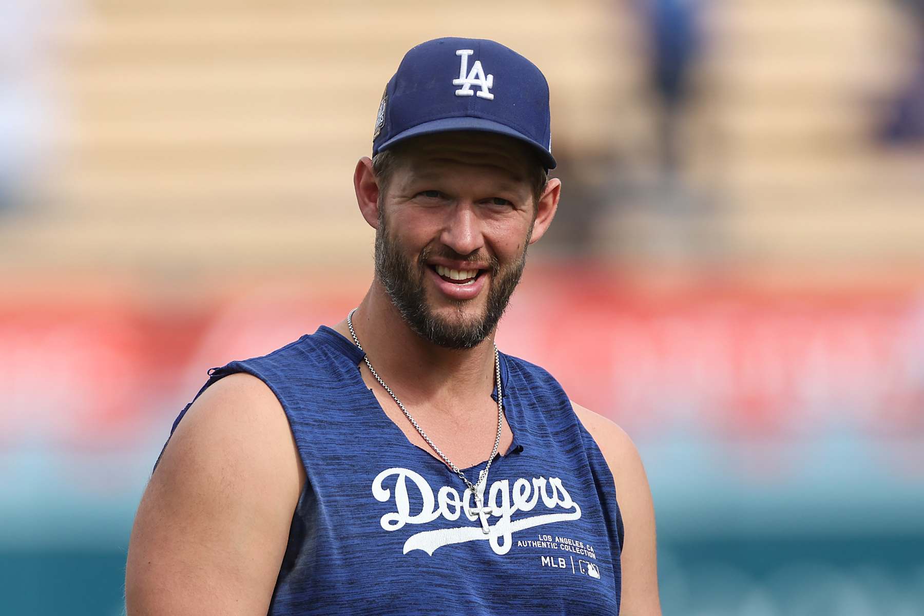 LOS ANGELES, CALIFORNIA - OCTOBER 26: Clayton Kershaw #22 of the Los Angeles Dodgers looks on ahead of Game Two of the 2024 World Series between the Los Angeles Dodgers and the New York Yankees at Dodger Stadium on October 26, 2024 in Los Angeles, California. (Photo by Steph Chambers/Getty Images)