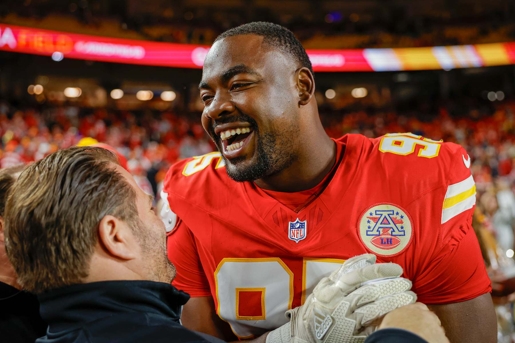 KANSAS CITY, MISSOURI - NOVEMBER 4: Chris Jones #95 of the Kansas City Chiefs laughs prior to the game against the Tampa Bay Buccaneers at GEHA Field at Arrowhead Stadium on November 4, 2024 in Kansas City, Missouri. (Photo by David Eulitt/Getty Images)