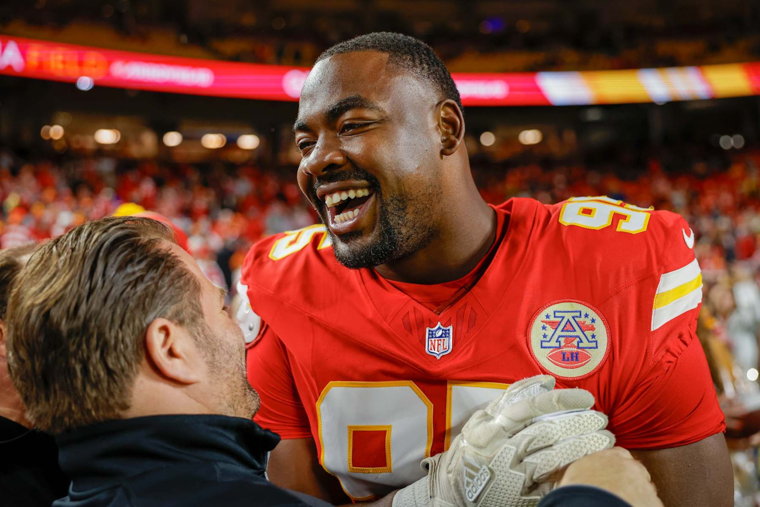 KANSAS CITY, MISSOURI - NOVEMBER 4: Chris Jones #95 of the Kansas City Chiefs laughs prior to the game against the Tampa Bay Buccaneers at GEHA Field at Arrowhead Stadium on November 4, 2024 in Kansas City, Missouri. (Photo by David Eulitt/Getty Images) KANSAS CITY, MISSOURI - NOVEMBER 4: Chris Jones #95 of the Kansas City Chiefs laughs prior to the game against the Tampa Bay Buccaneers at GEHA Field at Arrowhead Stadium on November 4, 2024 in Kansas City, Missouri. (Photo by David Eulitt/Getty Images)