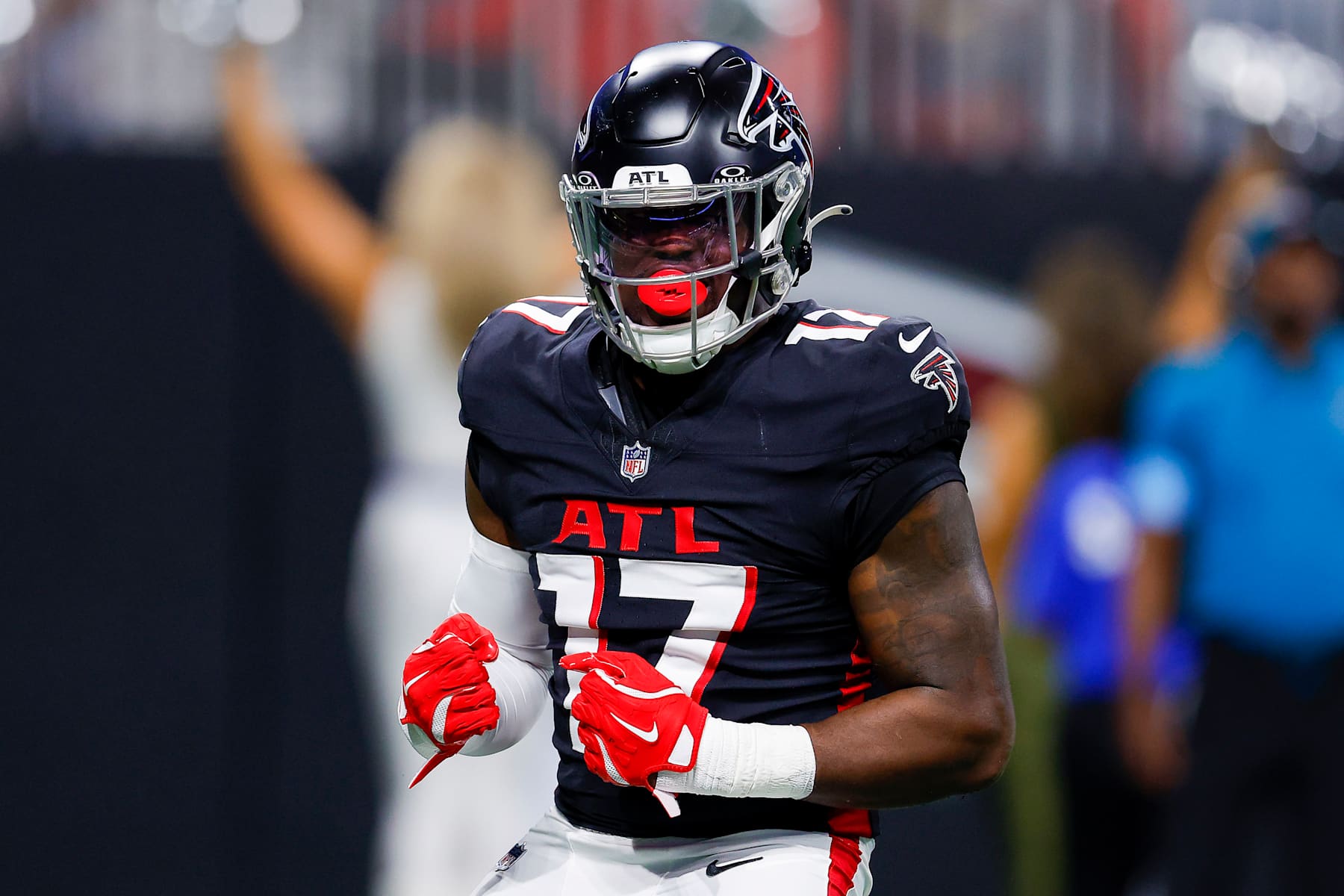 ATLANTA, GEORGIA - NOVEMBER 03: Arnold Ebiketie #17 of the Atlanta Falcons reacts during the first quarter against the Dallas Cowboys at Mercedes-Benz Stadium on November 03, 2024 in Atlanta, Georgia. (Photo by Todd Kirkland/Getty Images)