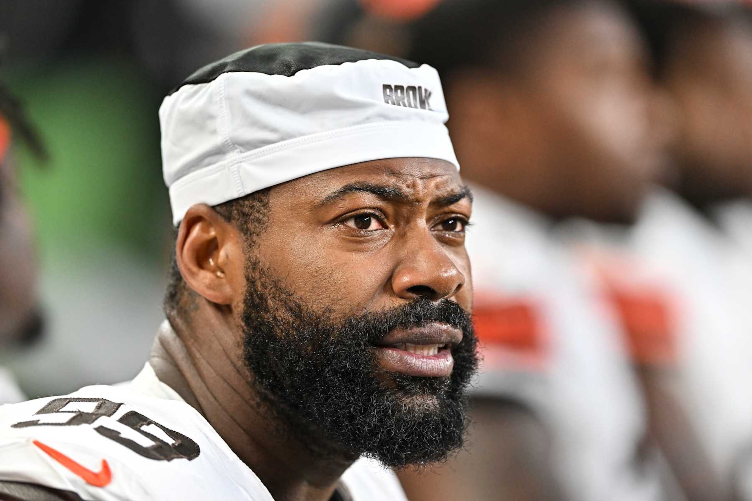 SEATTLE, WASHINGTON - AUGUST 24: Za'Darius Smith #99 of the Cleveland Browns looks on from the sideline during an NFL preseason football game against the Seattle Seahawks at Lumen Field on August 24, 2024 in Seattle, Washington. The Seahawks defeated the Browns 37-33. (Photo by Alika Jenner/Getty Images)