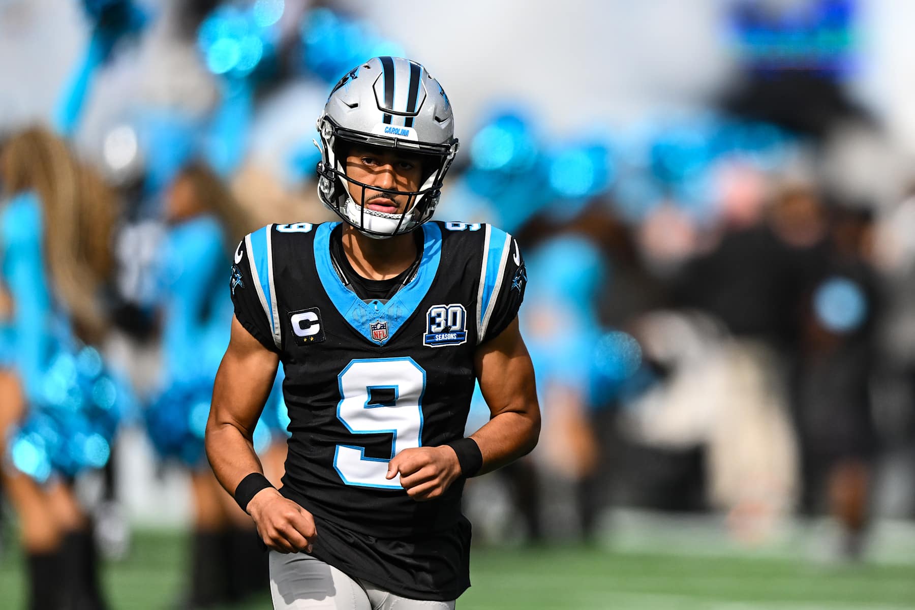 CHARLOTTE, NORTH CAROLINA - NOVEMBER 03: Bryce Young #9 of the Carolina Panthers runs onto the field prior to his game against the New Orleans Saints at Bank of America Stadium on November 03, 2024 in Charlotte, North Carolina. (Photo by Matt Kelley/Getty Images)