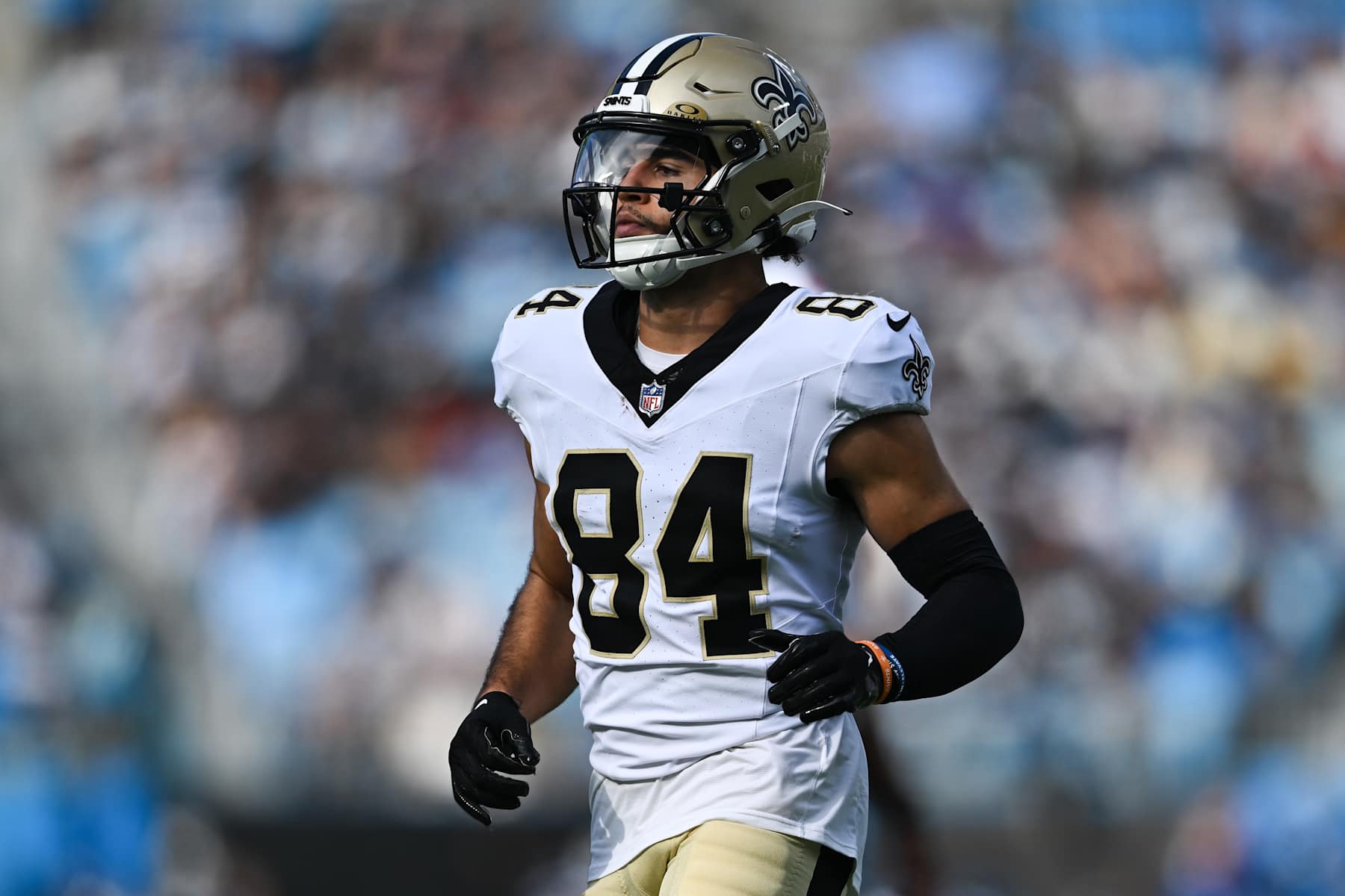 CHARLOTTE, NORTH CAROLINA - NOVEMBER 03: Mason Tipton #84 of the New Orleans Saints looks on during the second quarter of his game against the Carolina Panthers at Bank of America Stadium on November 03, 2024 in Charlotte, North Carolina. (Photo by Matt Kelley/Getty Images)