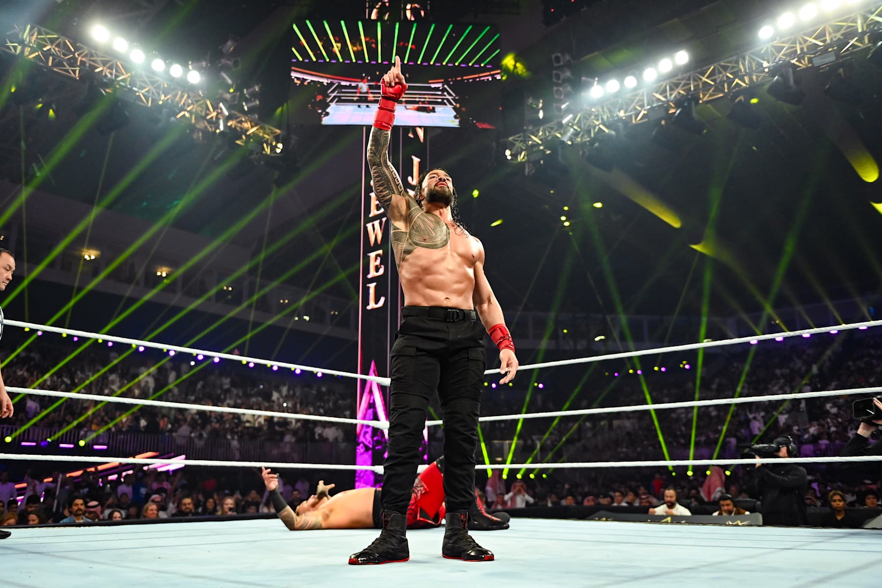 RIYADH, SAUDI ARABIA - NOVEMBER 2: Roman Reigns says he's the one during Crown Jewel at Mohammed Abdo Arena on November 2, 2024 in Riyadh, Saudi Arabia. (Photo by WWE/Getty Images)