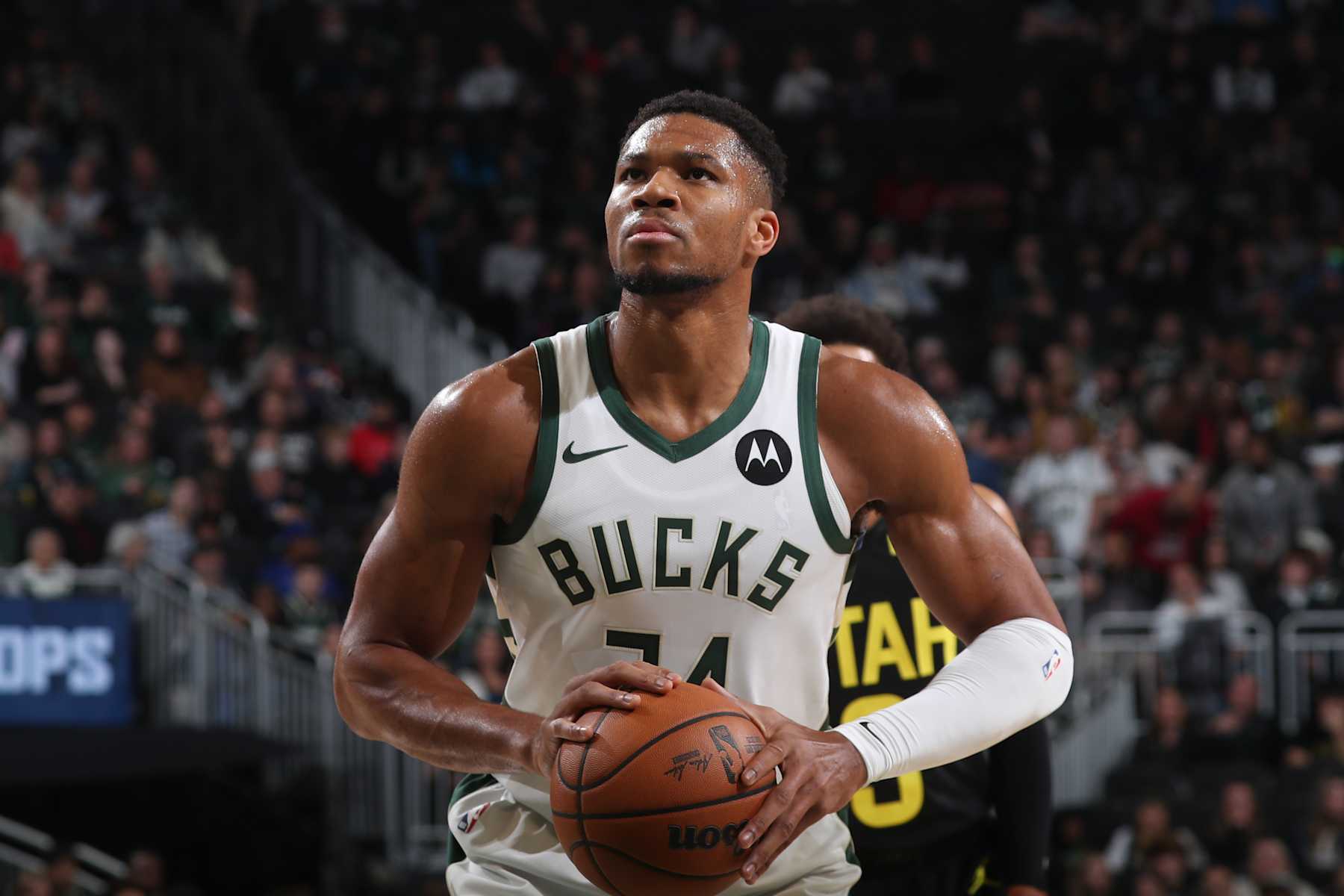MILWAUKEE, WI - NOVEMBER 7: Giannis Antetokounmpo #34 of the Milwaukee Bucks shoots a free throw during the game against the Utah Jazz on November 7, 2024 at Fiserv Forum Center in Milwaukee, Wisconsin. NOTE TO USER: User expressly acknowledges and agrees that, by downloading and or using this Photograph, user is consenting to the terms and conditions of the Getty Images License Agreement. Mandatory Copyright Notice: Copyright 2024 NBAE (Photo by Gary Dineen/NBAE via Getty Images).