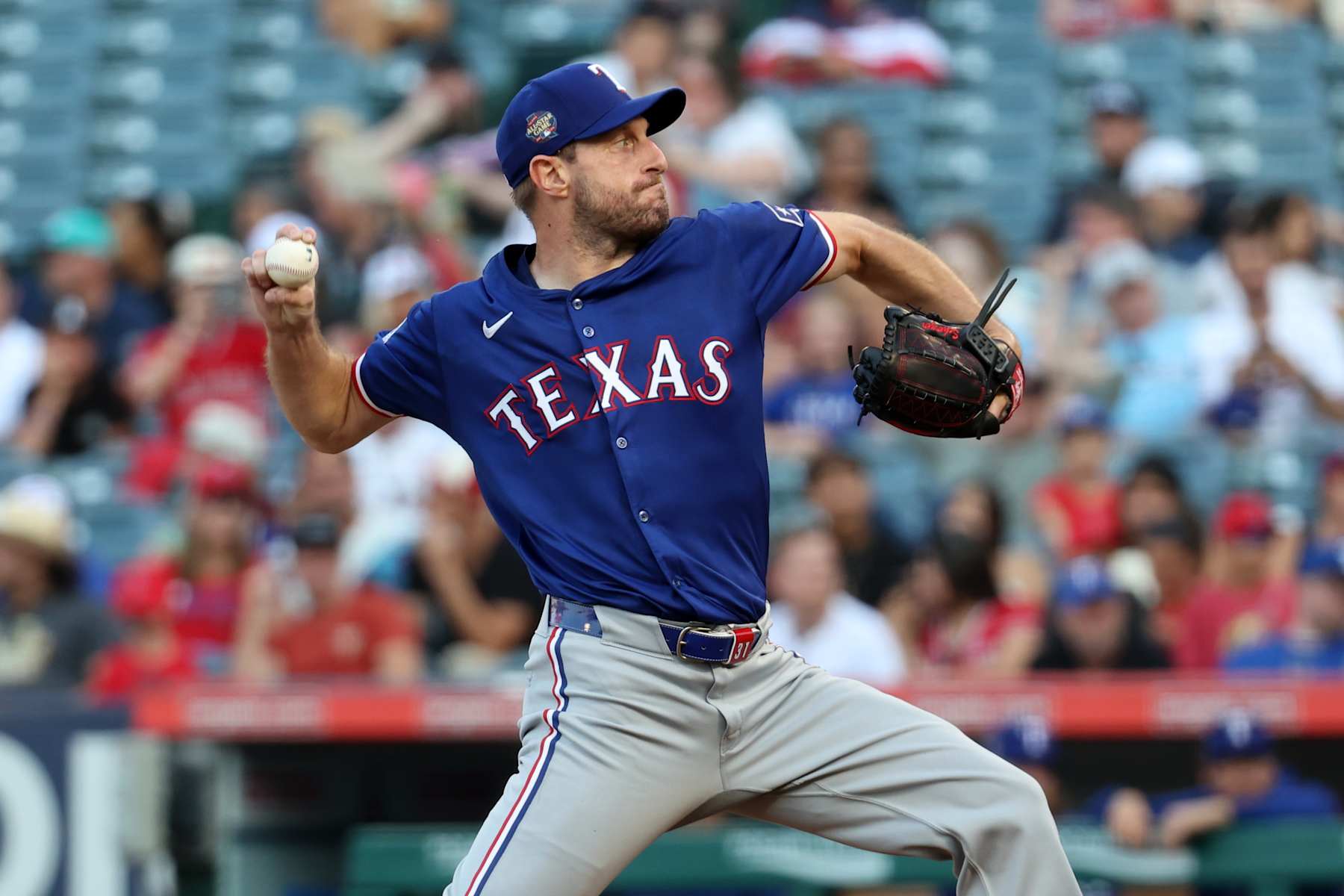 ANAHEIM, CA - JULY 9: Max Scherzer #31 of the Texas Rangers pitches during the game against the Los Angeles Angels at Angel Stadium of Anaheim on July 9, 2024 in Anaheim, California. The Rangers defeated the Angels 9-2. (Photo by Rob Leiter/MLB Photos via Getty Images)