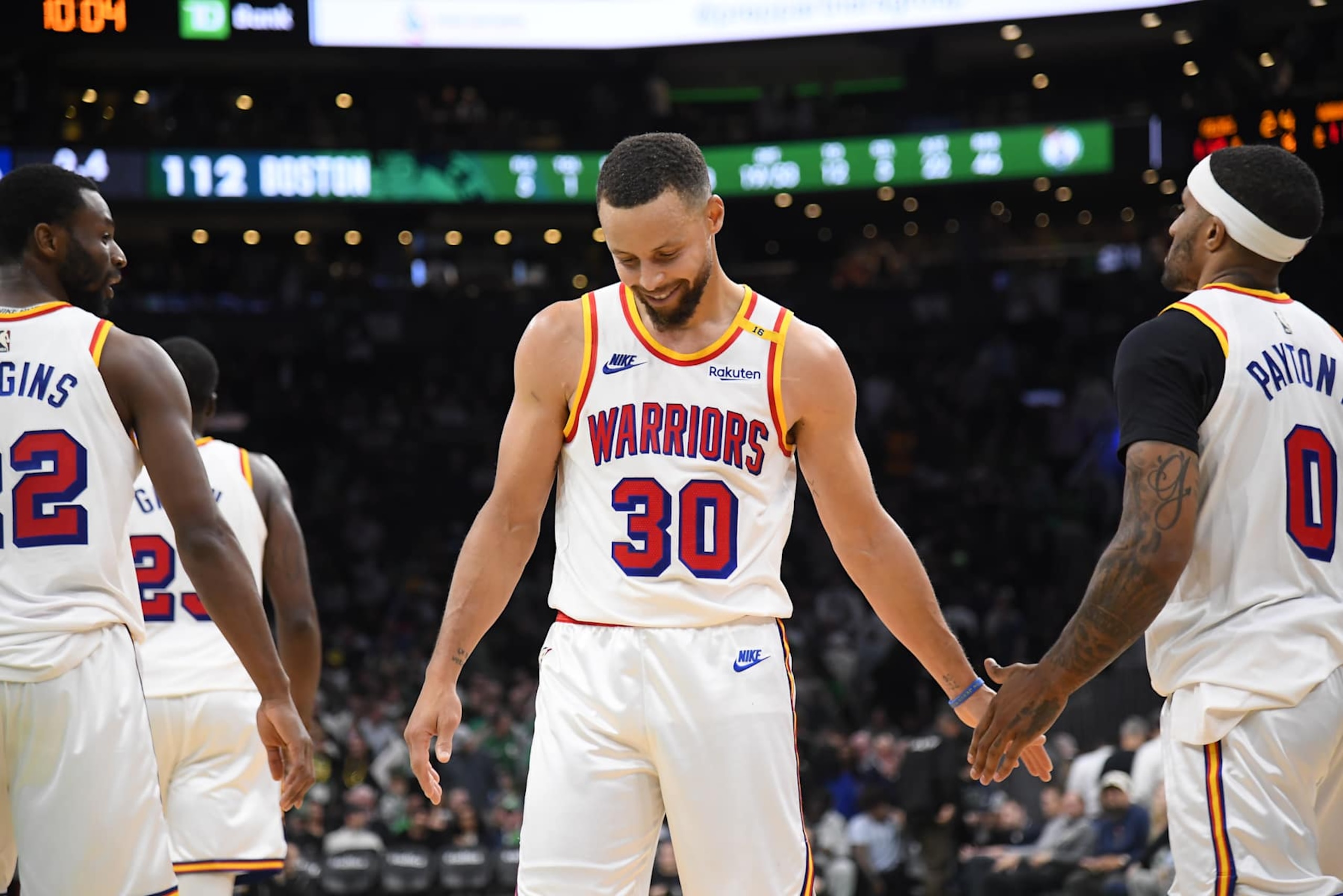 BOSTON, MA - NOVEMBER 6: Stephen Curry #30 and Gary Payton II #0 of the Golden State Warriors high five during the game against the Boston Celtics on November 6, 2024 at TD Garden in Boston, Massachusetts. NOTE TO USER: User expressly acknowledges and agrees that, by downloading and/or using this Photograph, user is consenting to the terms and conditions of the Getty Images License Agreement. Mandatory Copyright Notice: Copyright 2024 NBAE (Photo by Brian Babineau/NBAE via Getty Images)