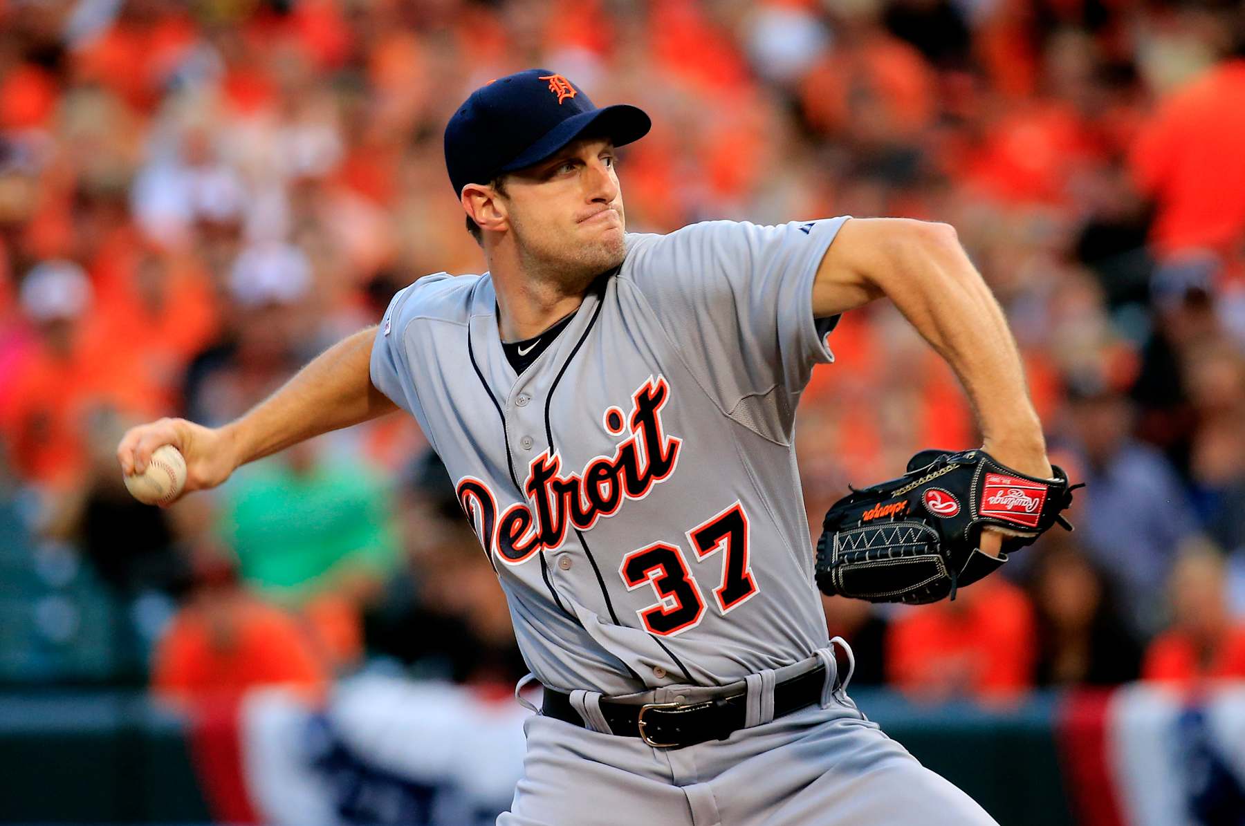 BALTIMORE, MD - OCTOBER 02: Max Scherzer #37 of the Detroit Tigers throws a pitch in the first inning against the Baltimore Orioles during Game One of the American League Division Series at Oriole Park at Camden Yards on October 2, 2014 in Baltimore, Maryland. (Photo by Rob Carr/Getty Images)