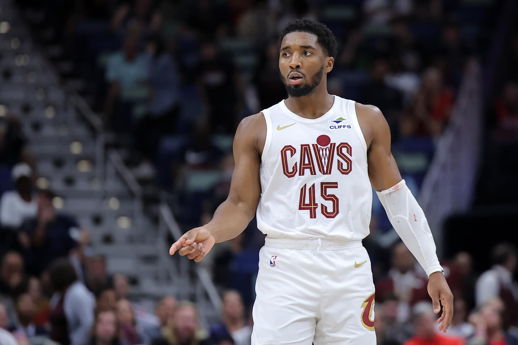 NEW ORLEANS, LOUISIANA - NOVEMBER 06: Donovan Mitchell #45 of the Cleveland Cavaliers reacts against the New Orleans Pelicans during the second half at the Smoothie King Center on November 06, 2024 in New Orleans, Louisiana. NOTE TO USER: User expressly acknowledges and agrees that, by downloading and or using this Photograph, user is consenting to the terms and conditions of the Getty Images License Agreement. (Photo by Jonathan Bachman/Getty Images)