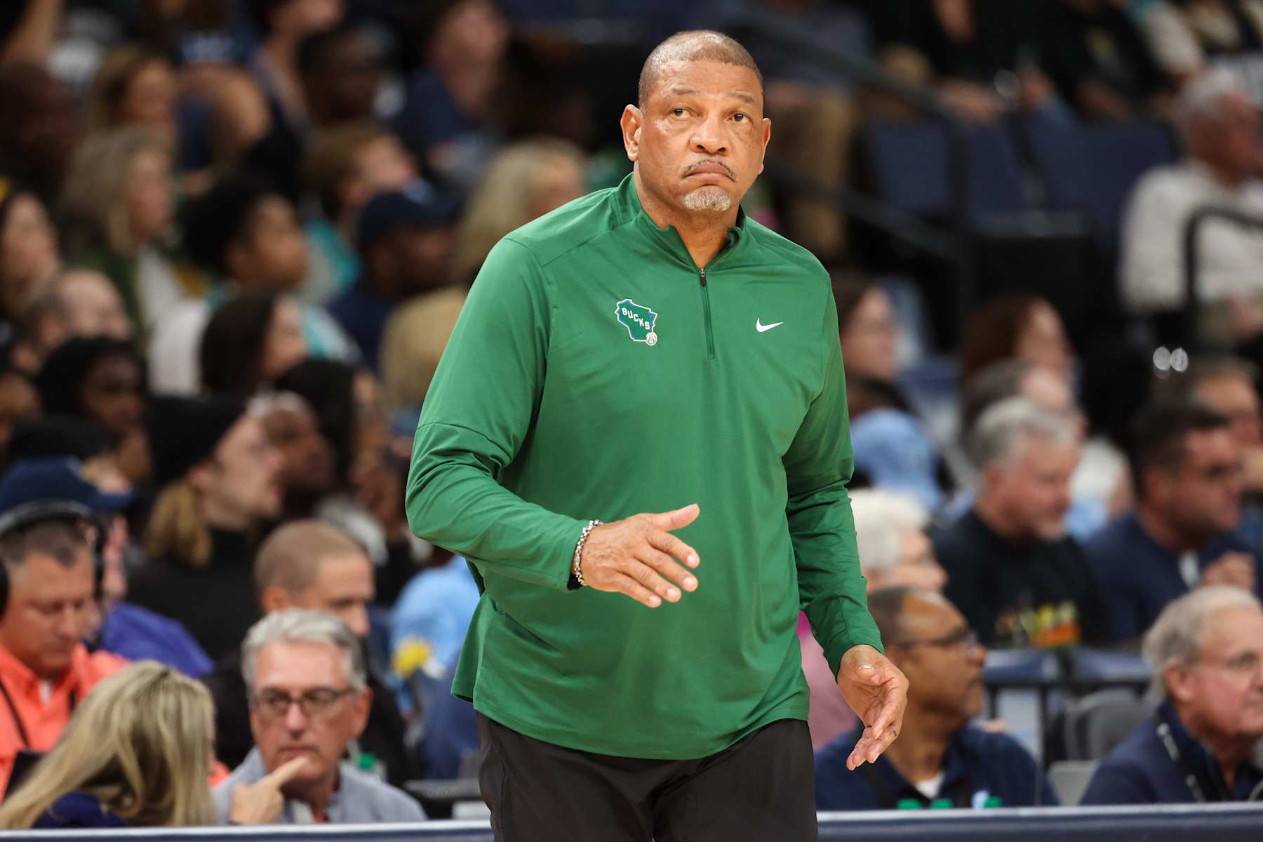MEMPHIS, TENNESSEE - OCTOBER 31: Head Coach Doc Rivers of the Milwaukee Bucks looks on during the third quarter against the Memphis Grizzlies at FedExForum on October 31, 2024 in Memphis, Tennessee. NOTE TO USER: User expressly acknowledges and agrees that, by downloading and or using this Photograph, user is consenting to the terms and conditions of the Getty Images License Agreement. (Photo by Wes Hale/Getty Images)