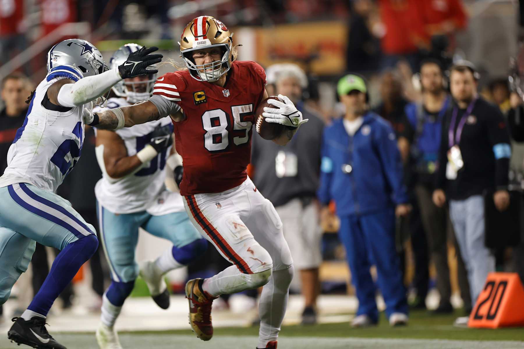 SANTA CLARA, CA - OCTOBER 27: George Kittle #85 of the San Francisco 49ers runs after making a catch during the game against the Dallas Cowboys at Levi's Stadium on October 27, 2024 in Santa Clara, California. The 49ers defeated the Cowboys 30-24. (Photo by Michael Zagaris/San Francisco 49ers/Getty Images)