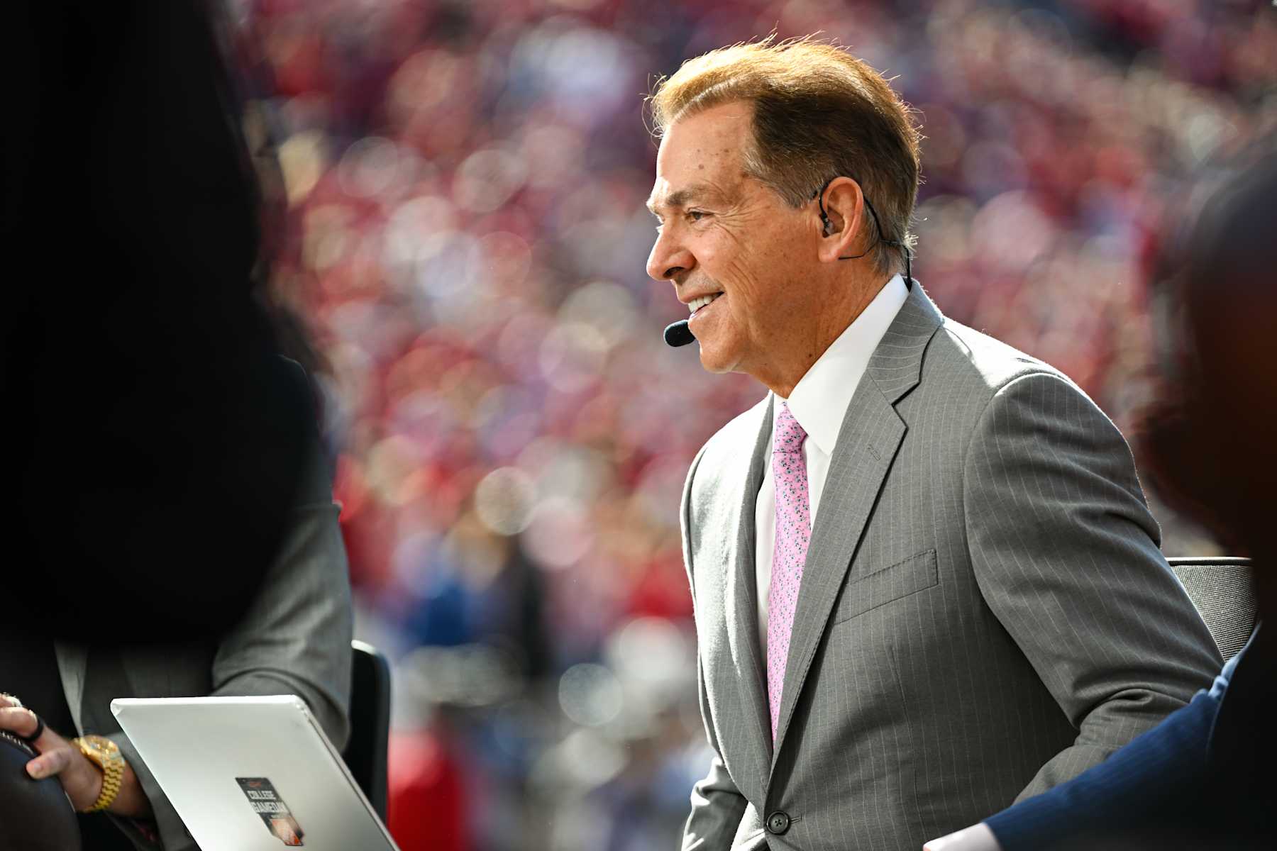 BLOOMINGTON, IN - OCTOBER 26: ESPN College GameDay analyst and former Alabama head coach Nick Saban on set prior to a college football game between the Washington Huskies and Indiana Hoosiers on October 26, 2024 at Memorial Stadium in Bloomington, IN (Photo by James Black/Icon Sportswire via Getty Images)