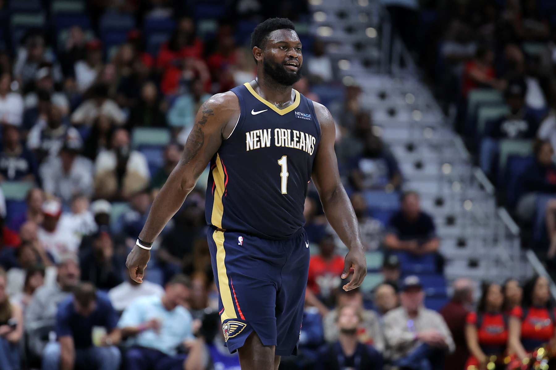 NEW ORLEANS, LOUISIANA - NOVEMBER 06: Zion Williamson #1 of the New Orleans Pelicans reacts against the Cleveland Cavaliers during the second half at the Smoothie King Center on November 06, 2024 in New Orleans, Louisiana. NOTE TO USER: User expressly acknowledges and agrees that, by downloading and or using this Photograph, user is consenting to the terms and conditions of the Getty Images License Agreement. (Photo by Jonathan Bachman/Getty Images)