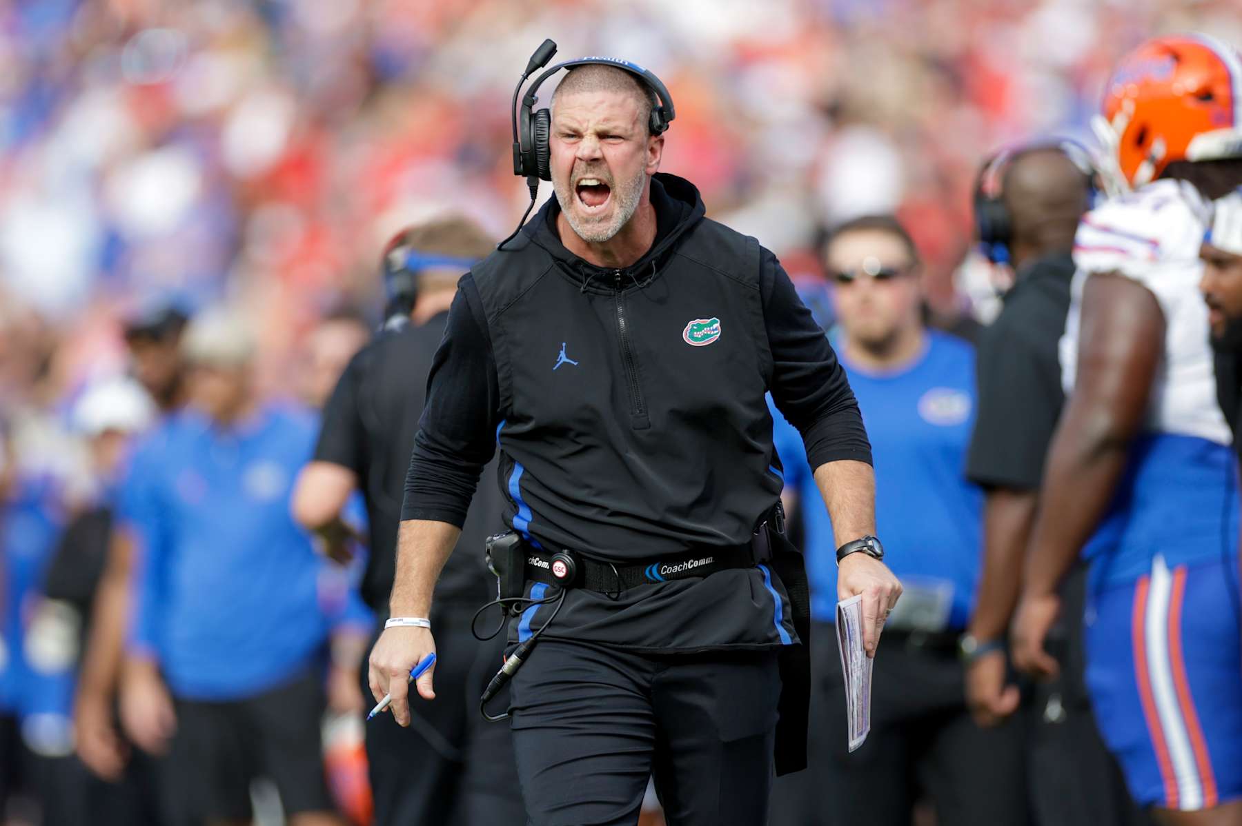 JACKSONVILLE, FL - NOVEMBER 02: Florida Gators head coach Billy Napier argues a call during the game between the Georgia Bulldogs and the Florida Gators on November 2, 2024 at EverBank Stadium in Jacksonville, Fl. (Photo by David Rosenblum/Icon Sportswire via Getty Images)