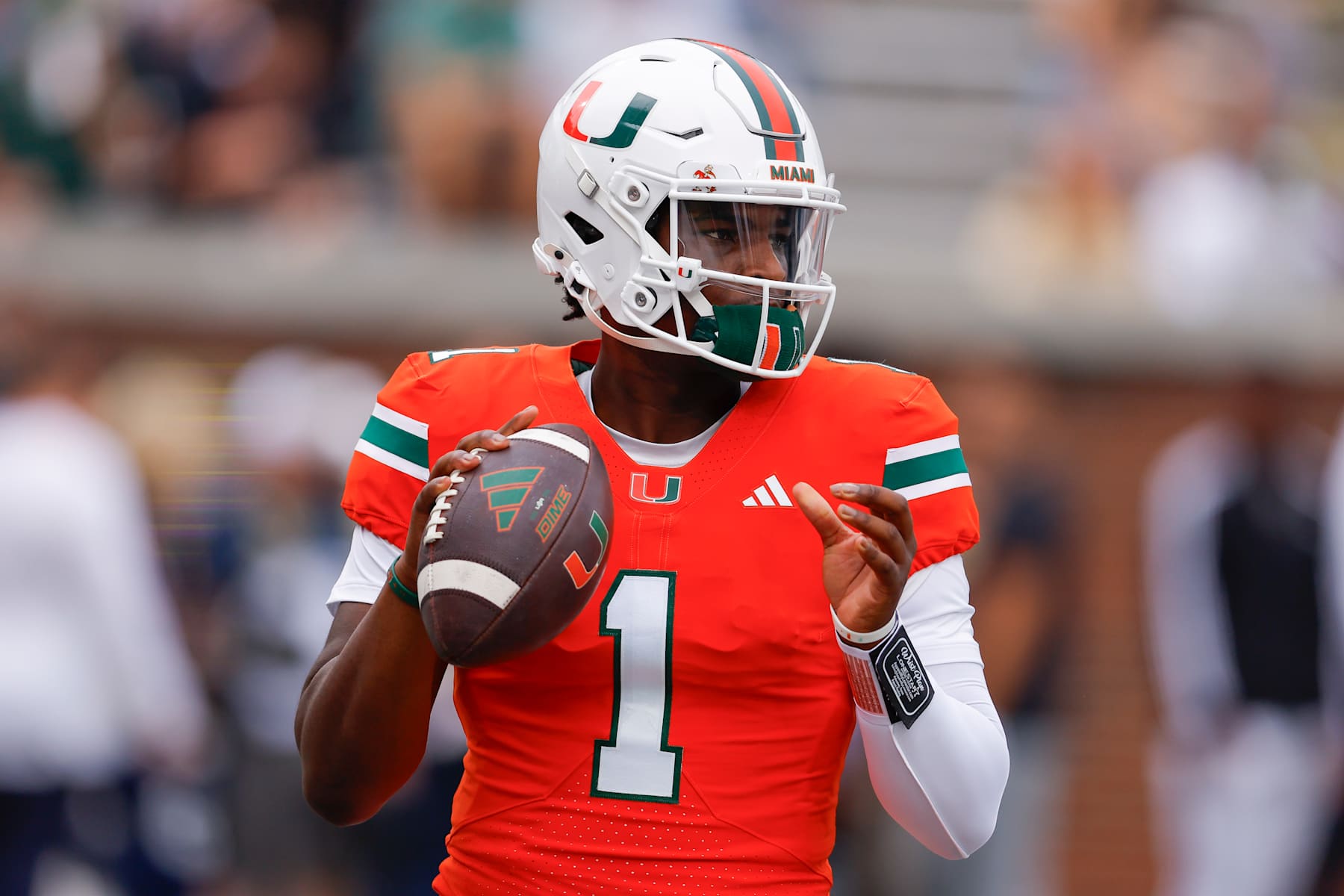 ATLANTA, GEORGIA - NOVEMBER 9: Cam Ward #1 of the Miami Hurricanes warms up prior to the game against the Georgia Tech Yellow Jackets at Bobby Dodd Stadium on November 9, 2024 in Atlanta, Georgia. (Photo by Todd Kirkland/Getty Images)