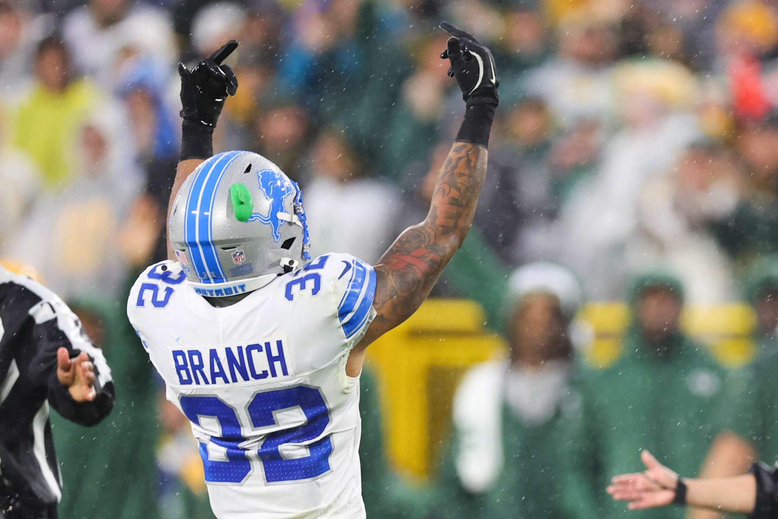 GREEN BAY, WISCONSIN - NOVEMBER 03: EDITOR’S NOTE: (Image contains profanity.) Brian Branch #32 of the Detroit Lions reacts after being ejected during the second quarter of a game against the Green Bay Packers at Lambeau Field on November 03, 2024 in Green Bay, Wisconsin. (Photo by Stacy Revere/Getty Images)