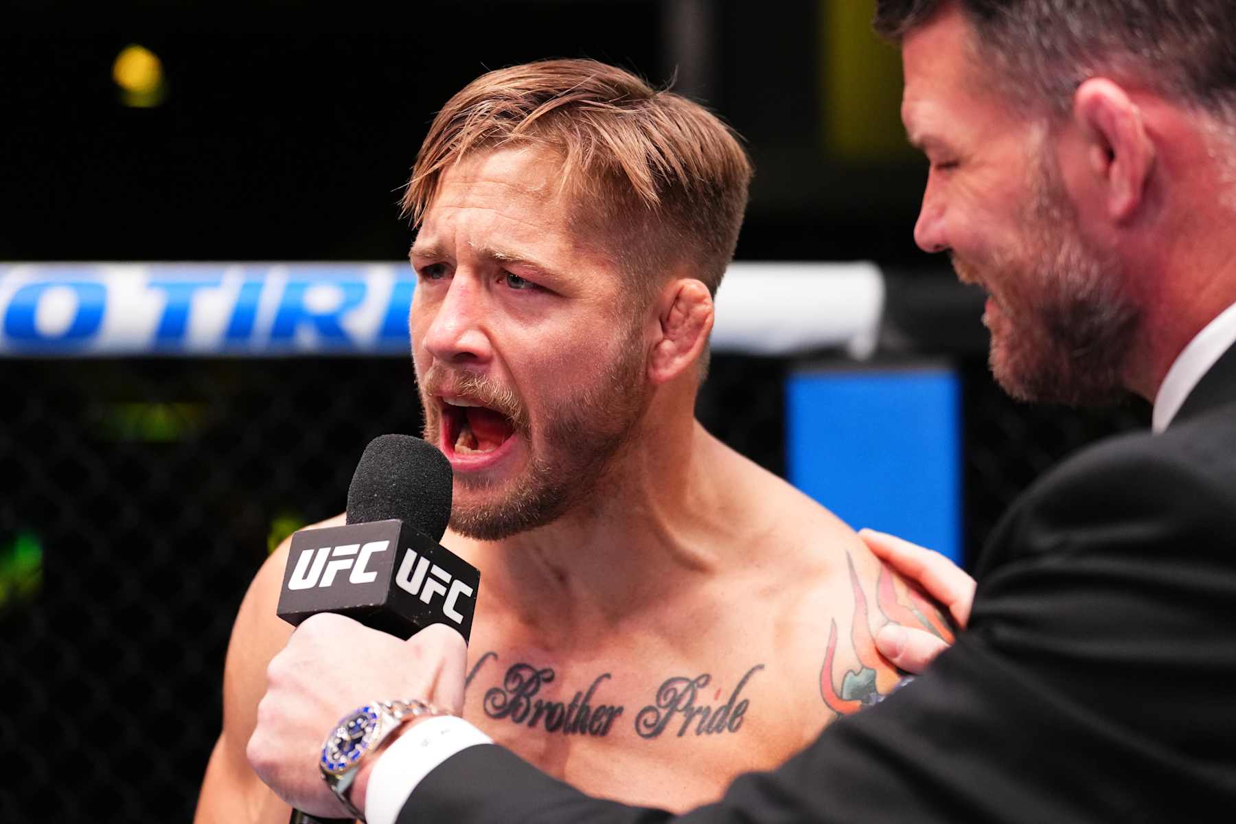 LAS VEGAS, NEVADA - NOVEMBER 09: Charles Radtke reacts after a knockout victory against Matthew Semelsberger in a welterweight fight during the UFC Fight Night event at UFC APEX on November 09, 2024 in Las Vegas, Nevada. (Photo by Chris Unger/Zuffa LLC)