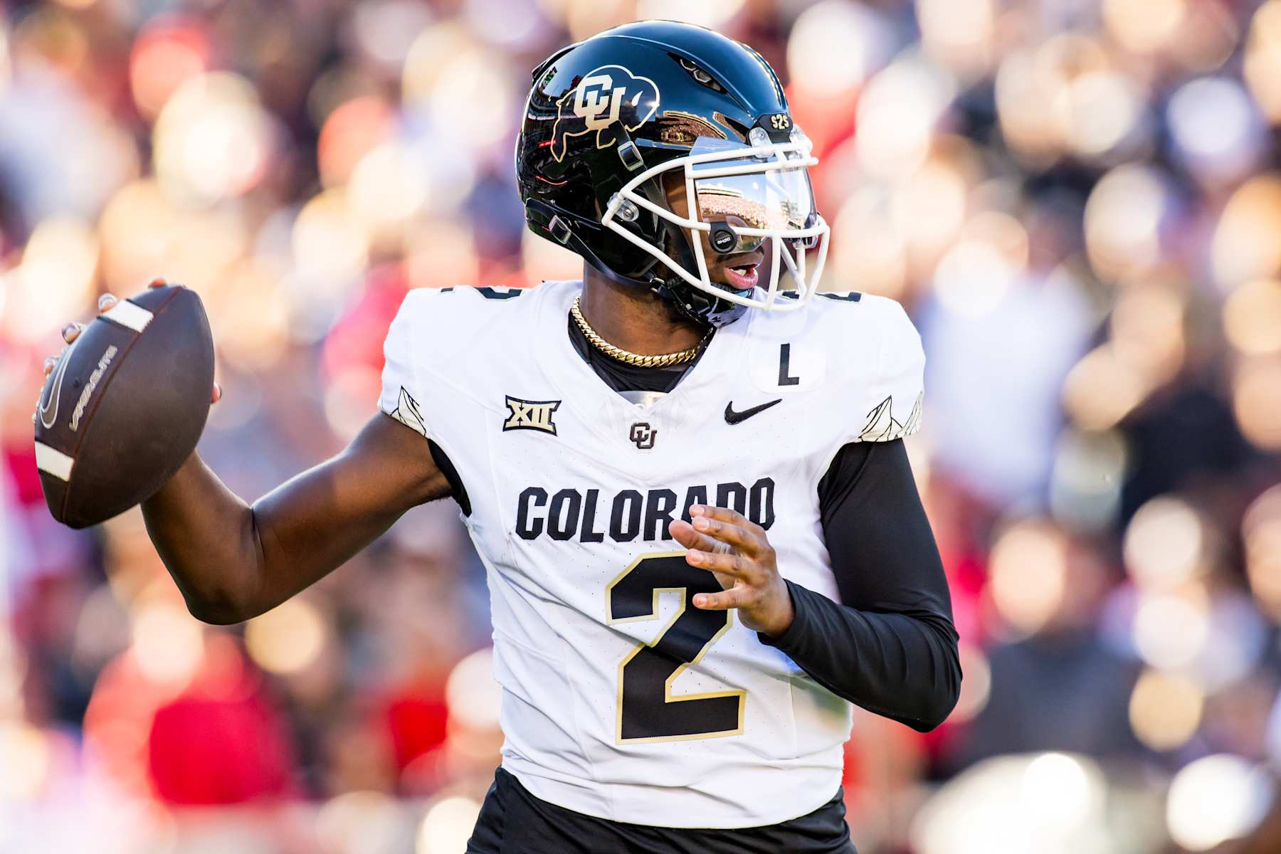 LUBBOCK, TEXAS - NOVEMBER 09: Shedeur Sanders #2 of the Colorado Buffaloes passes the ball during the first half of the game against the Texas Tech Red Raiders at Jones AT&T Stadium on November 09, 2024 in Lubbock, Texas. (Photo by John E. Moore III/Getty Images)
