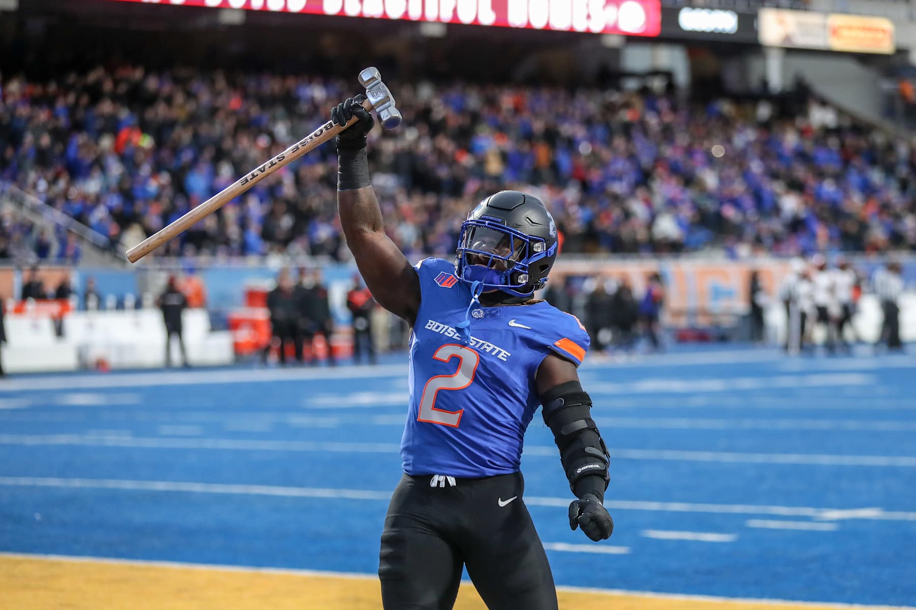 BOISE, ID - NOVEMBER 01: Running back Ashton Jeanty #2 of the Boise State Broncos warms the crowd up prior to the start of the first half between the Boise State Broncos and the San Diego State Aztecs at Albertsons Stadium on November 1, 2024 in Boise, Idaho. (Photo by Loren Orr/Getty Images)
