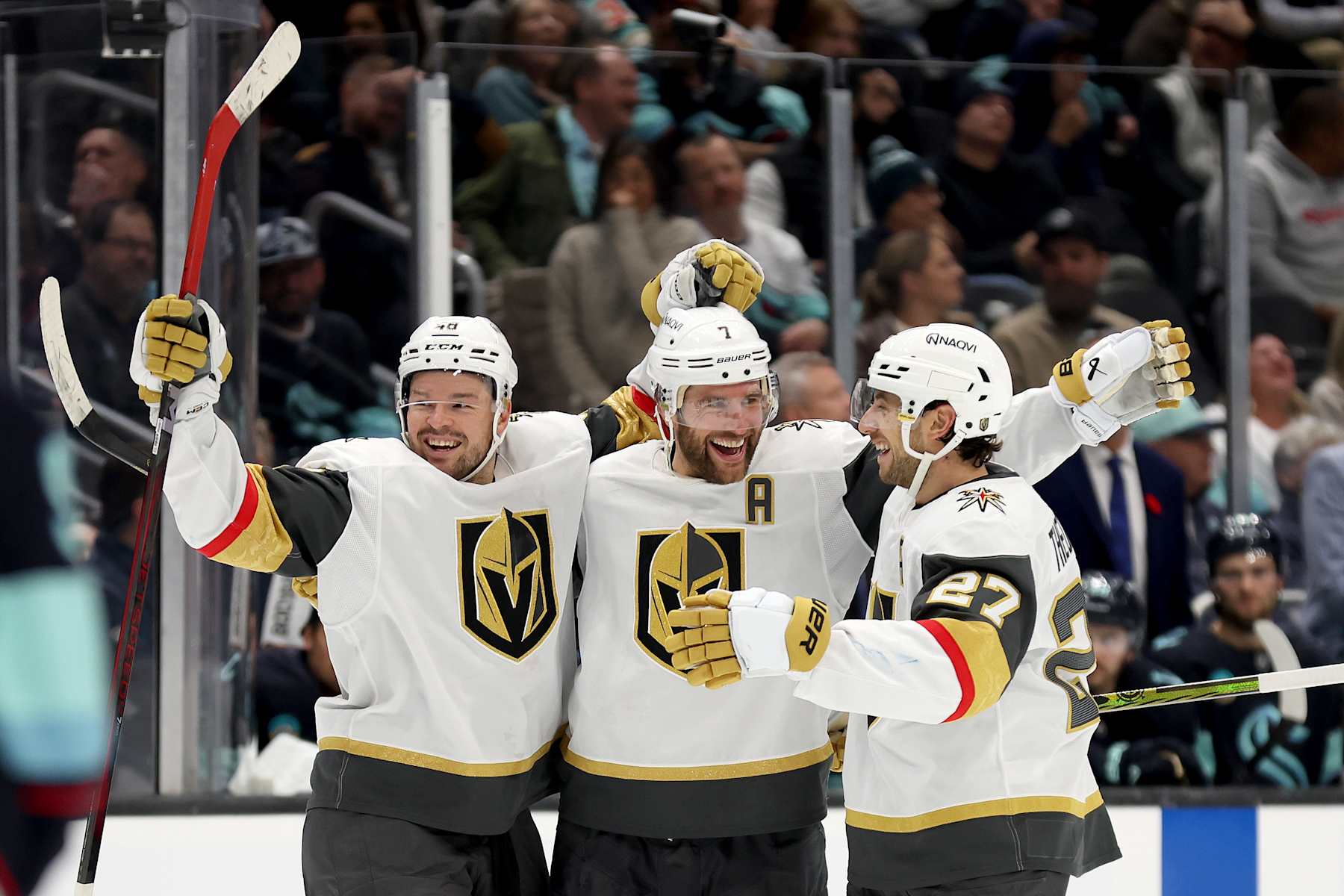 SEATTLE, WASHINGTON - NOVEMBER 08: Alex Pietrangelo #7 of the Vegas Golden Knights celebrates his game-tying goal during the third period against the Seattle Kraken at Climate Pledge Arena on November 08, 2024 in Seattle, Washington. (Photo by Steph Chambers/Getty Images)