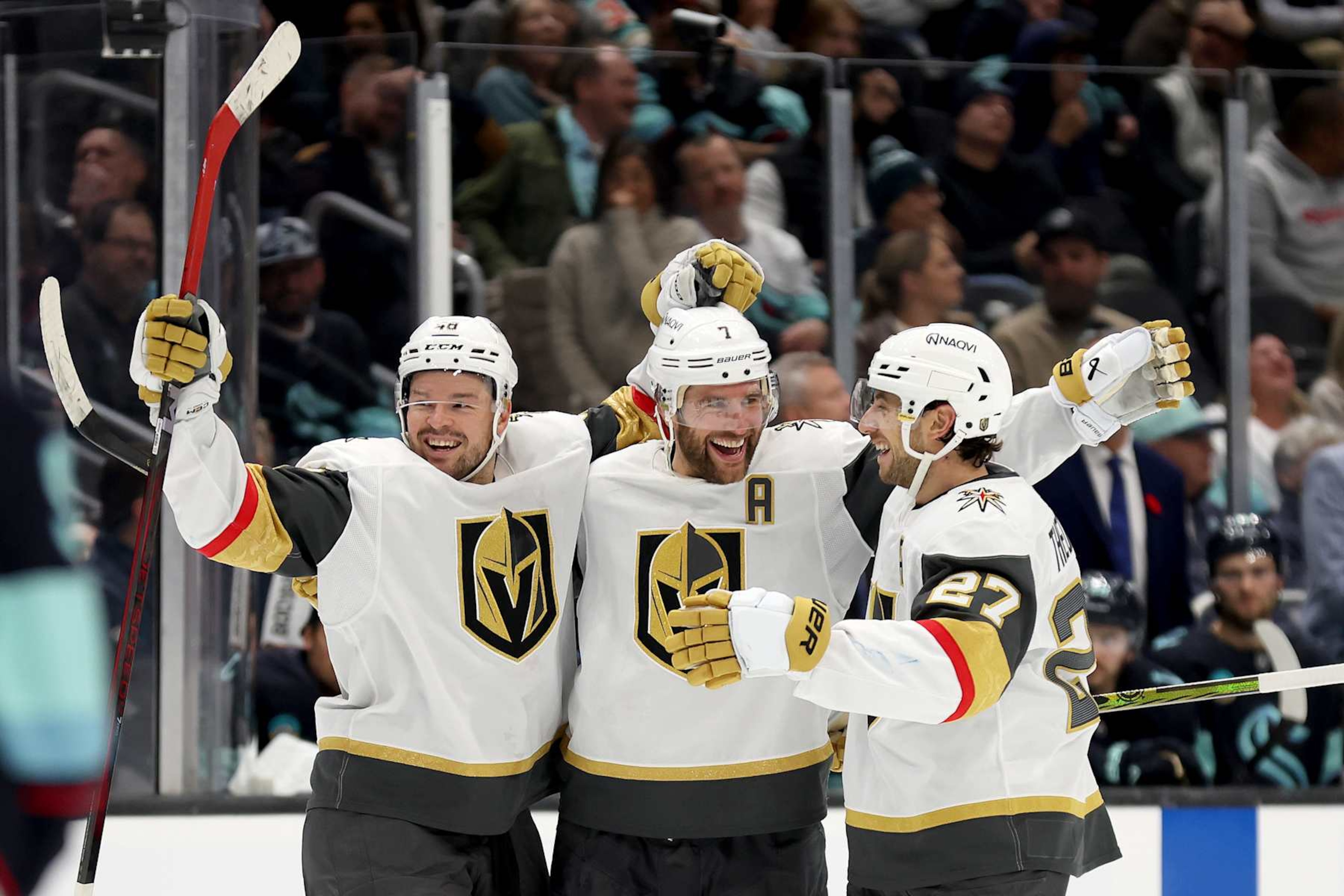 SEATTLE, WASHINGTON - NOVEMBER 08: Alex Pietrangelo #7 of the Vegas Golden Knights celebrates his game-tying goal during the third period against the Seattle Kraken at Climate Pledge Arena on November 08, 2024 in Seattle, Washington. (Photo by Steph Chambers/Getty Images) SEATTLE, WASHINGTON - NOVEMBER 08: Alex Pietrangelo #7 of the Vegas Golden Knights celebrates his game-tying goal during the third period against the Seattle Kraken at Climate Pledge Arena on November 08, 2024 in Seattle, Washington. (Photo by Steph Chambers/Getty Images)