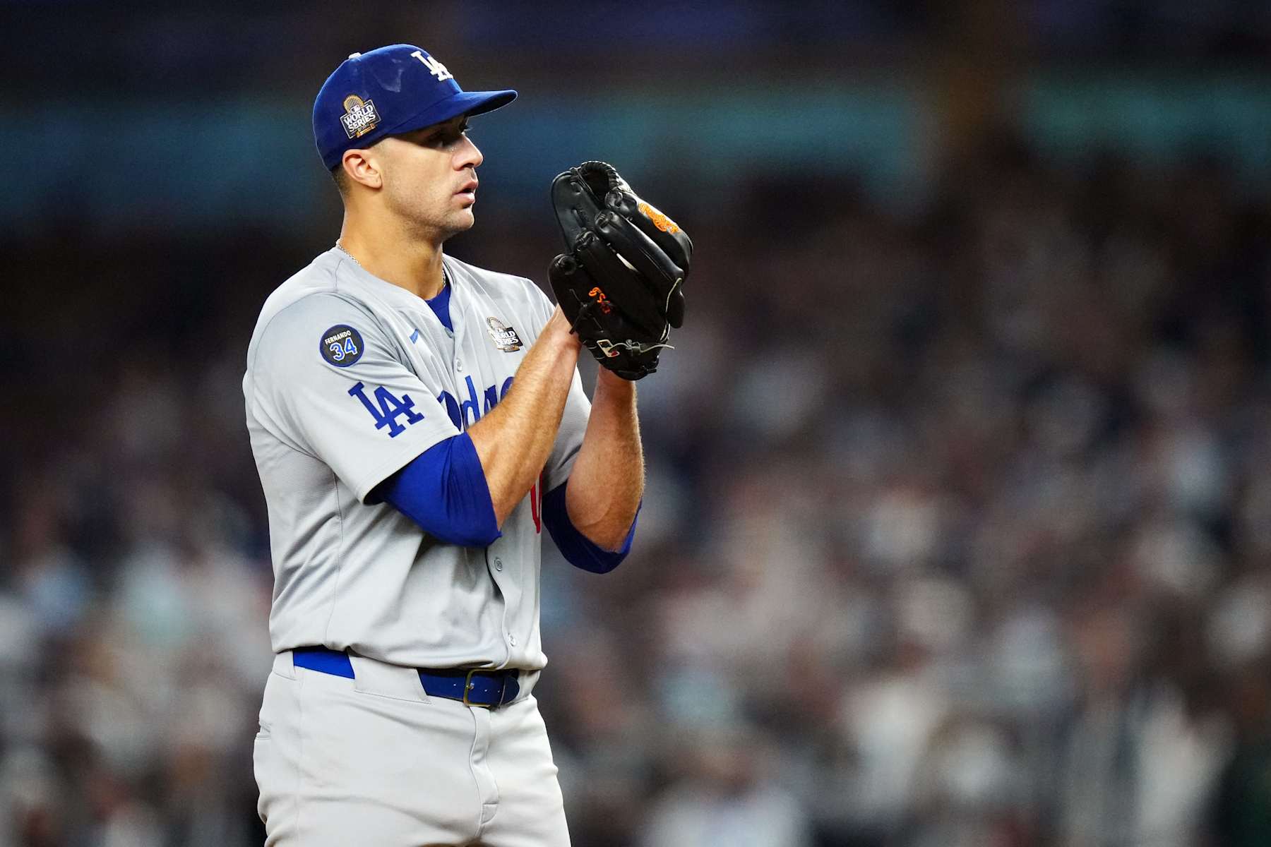 NEW YORK, NY - OCTOBER 30: Jack Flaherty #0 of the Los Angeles Dodgers looks on in the first inning during Game 5 of the 2024 World Series presented by Capital One between the Los Angeles Dodgers and the New York Yankees at Yankee Stadium on Wednesday, October 30, 2024 in New York, New York. (Photo by Daniel Shirey/MLB Photos via Getty Images)