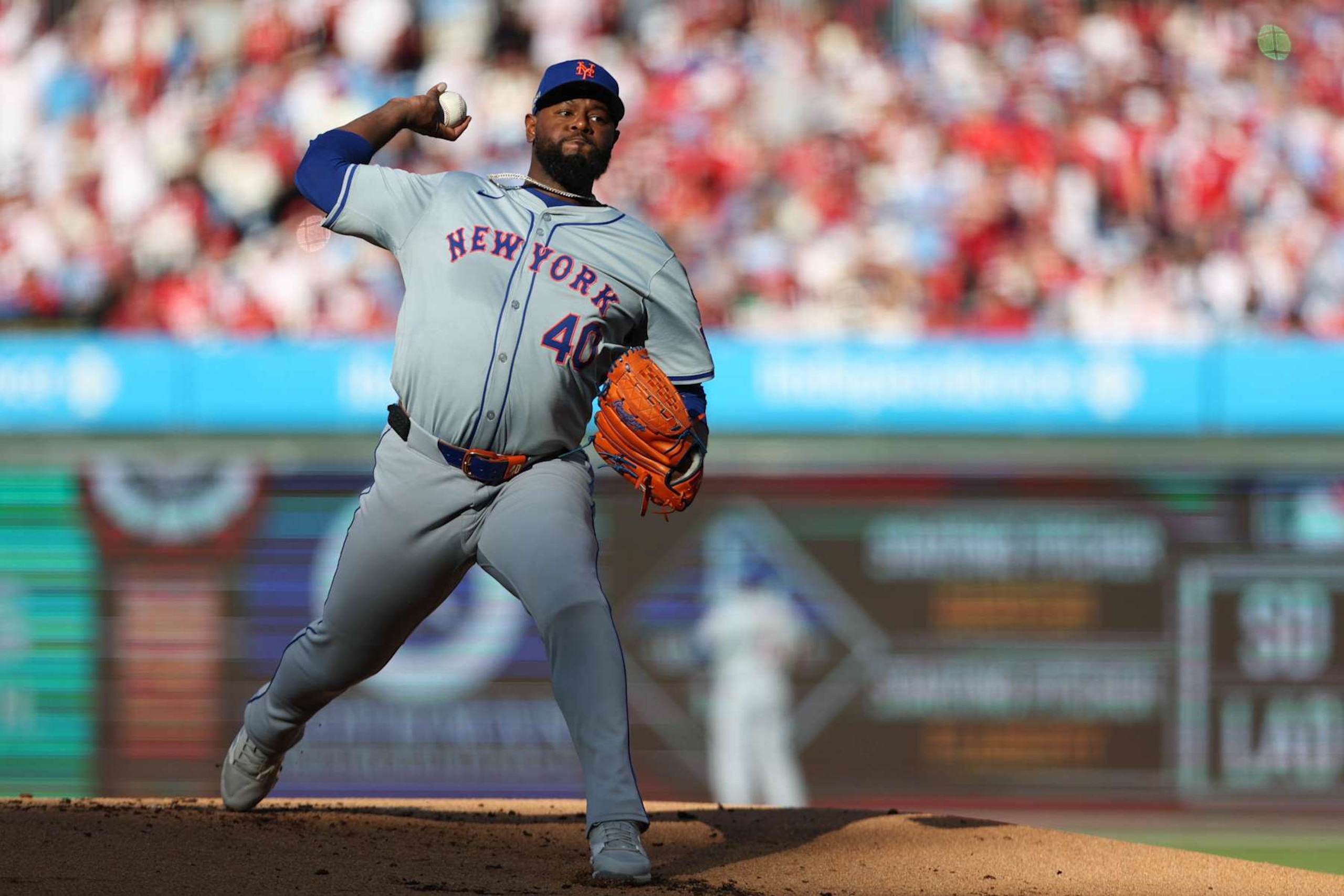 PHILADELPHIA, PA - OCTOBER 06:   Luis Severino #40 of the New York Mets pitches during Game 2 of the Division Series presented by Booking.com between the New York Mets and the Philadelphia Phillies at Citizens Bank Park on Sunday, October 6, 2024 in Philadelphia, Pennsylvania. (Photo by Rob Tringali/MLB Photos via Getty Images)