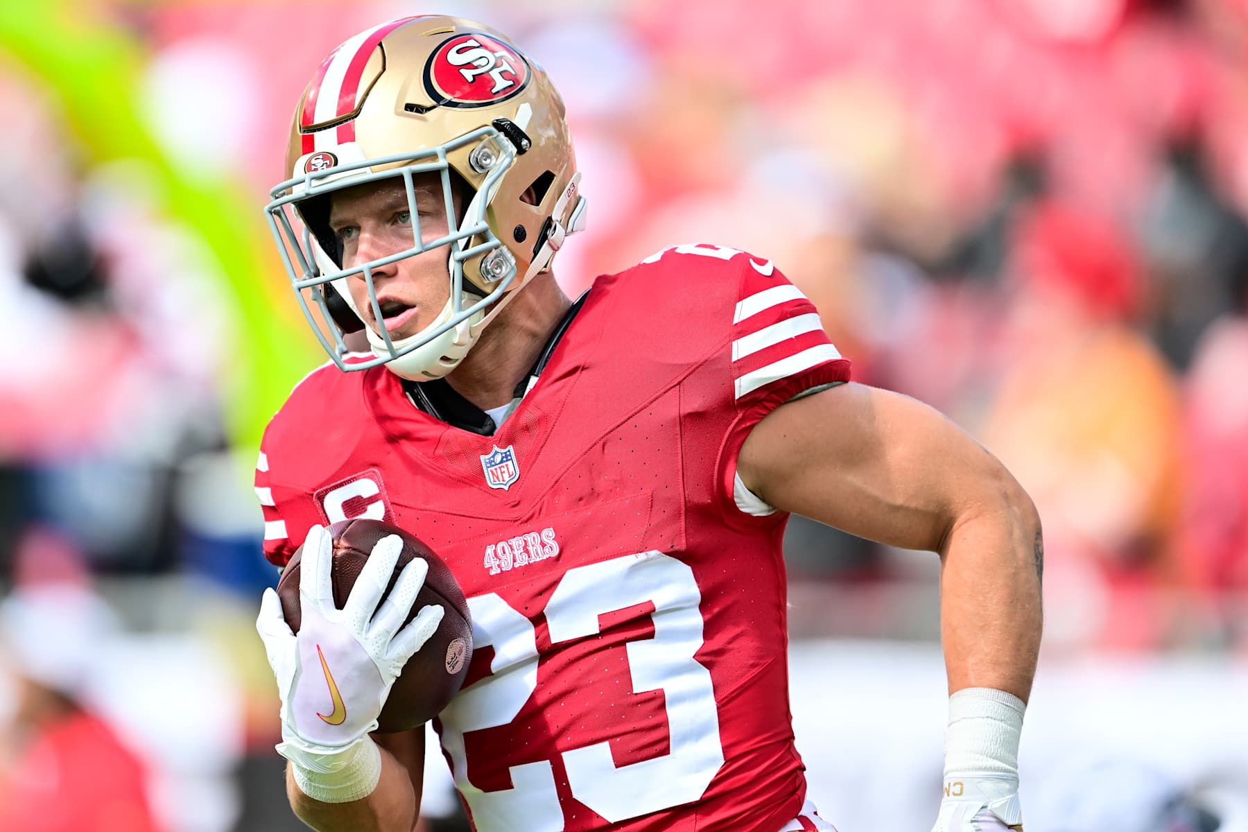 TAMPA, FLORIDA - NOVEMBER 10: Christian McCaffrey #23 of the San Francisco 49ers warms up prior to the game against the Tampa Bay Buccaneers at Raymond James Stadium on November 10, 2024 in Tampa, Florida. (Photo by Julio Aguilar/Getty Images)