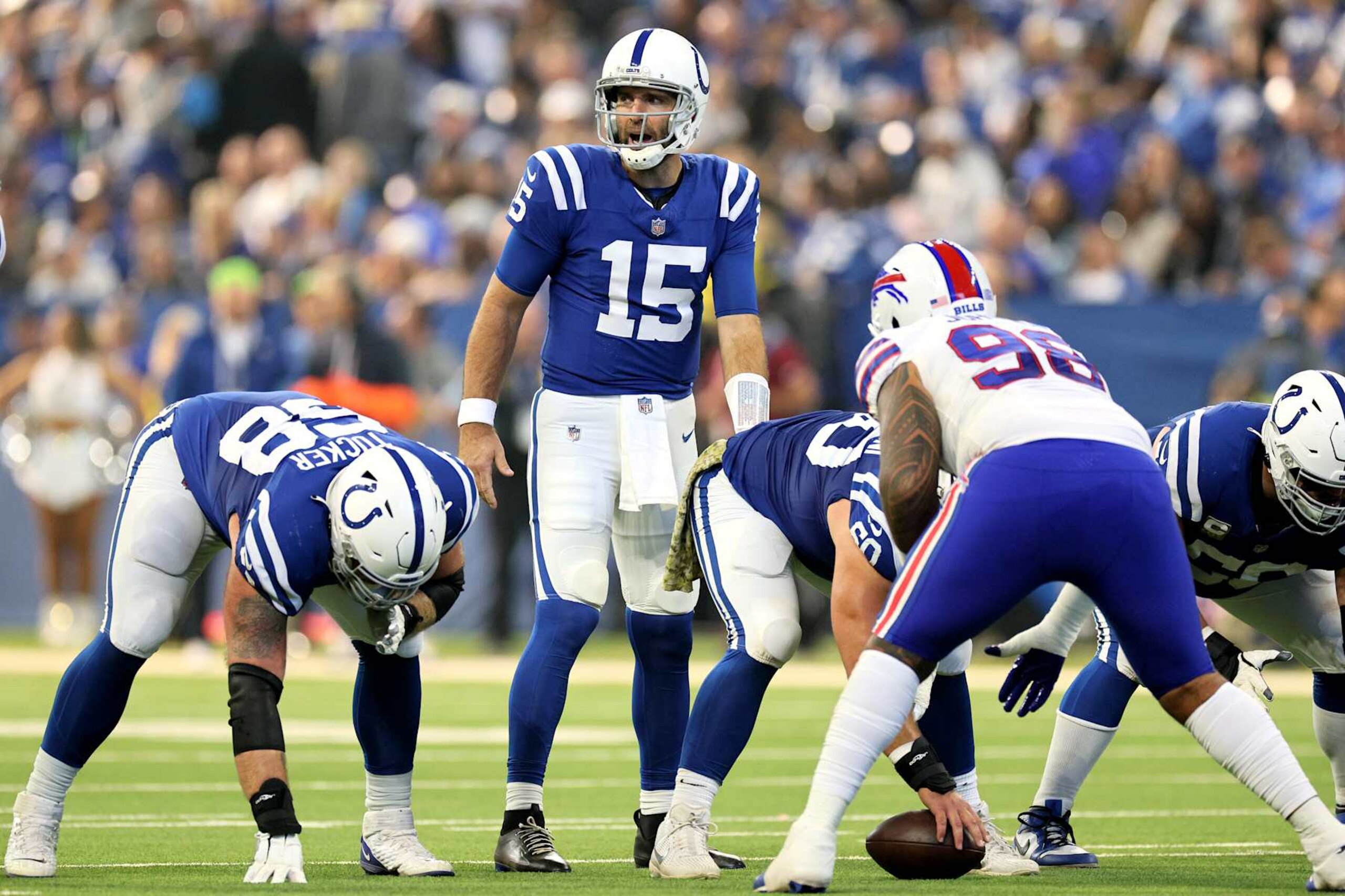INDIANAPOLIS, INDIANA - NOVEMBER 10: Joe Flacco #15 of the Indianapolis Colts awaits a snap against the Buffalo Bills during the first quarter at Lucas Oil Stadium on November 10, 2024 in Indianapolis, Indiana. (Photo by Andy Lyons/Getty Images)
