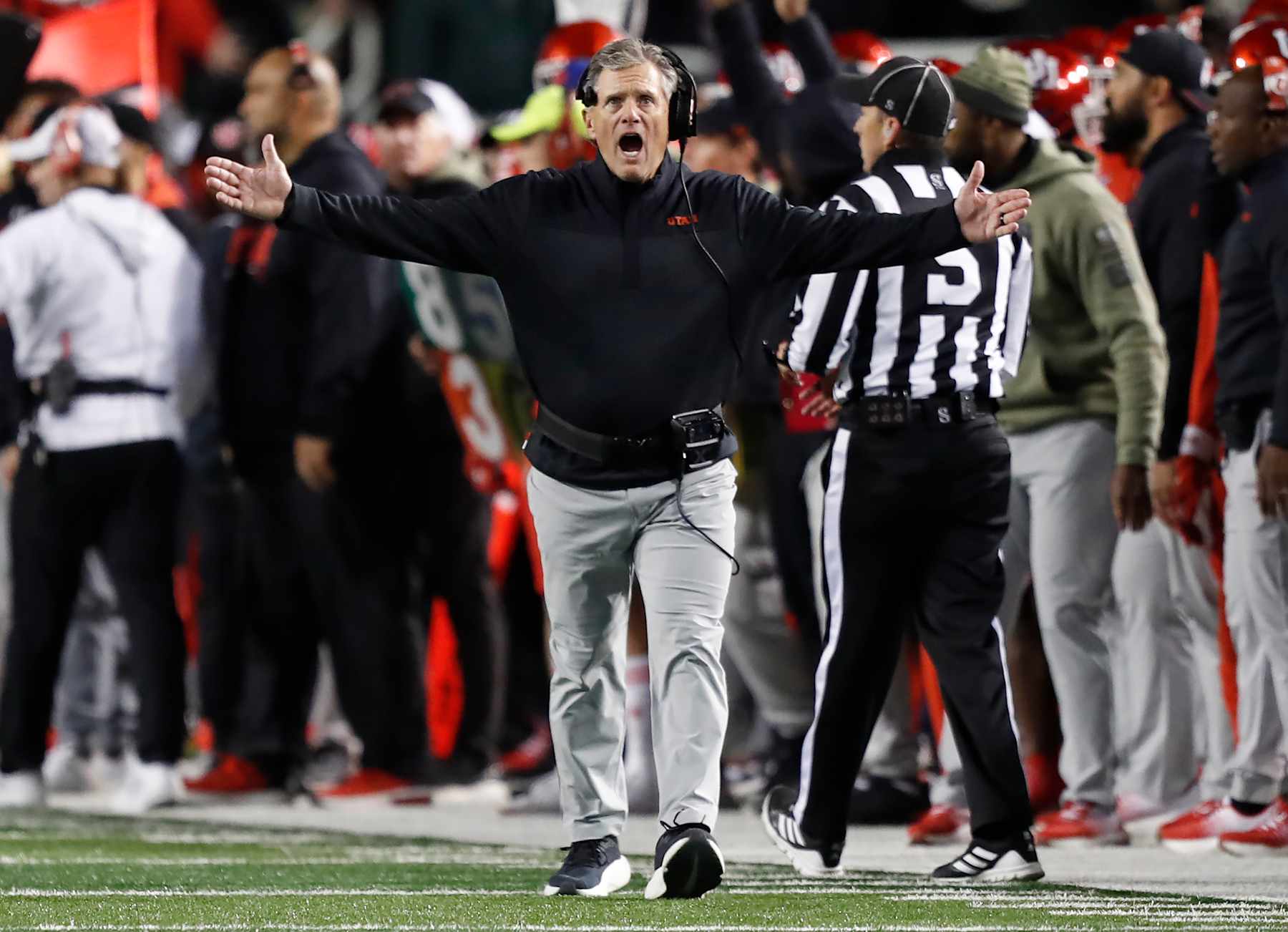 SALT LAKE CITY, UT - NOVEMBER 9: Kyle Whittingham head coach of the Utah Utes questions an officials call during the second half of their game against the Brigham Young Cougars at Rice-Eccles Stadium on November 9, 2024 in Salt Lake City, Utah.(Photo by Chris Gardner/Getty Images)