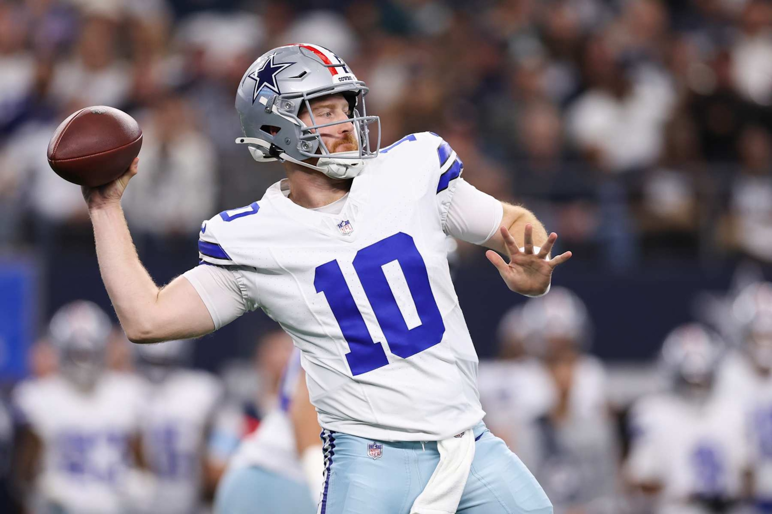 ARLINGTON, TEXAS - NOVEMBER 10: Cooper Rush #10 of the Dallas Cowboys throws a pass during the first quarter against the Philadelphia Eagles at AT&T Stadium on November 10, 2024 in Arlington, Texas. (Photo by Sam Hodde/Getty Images)