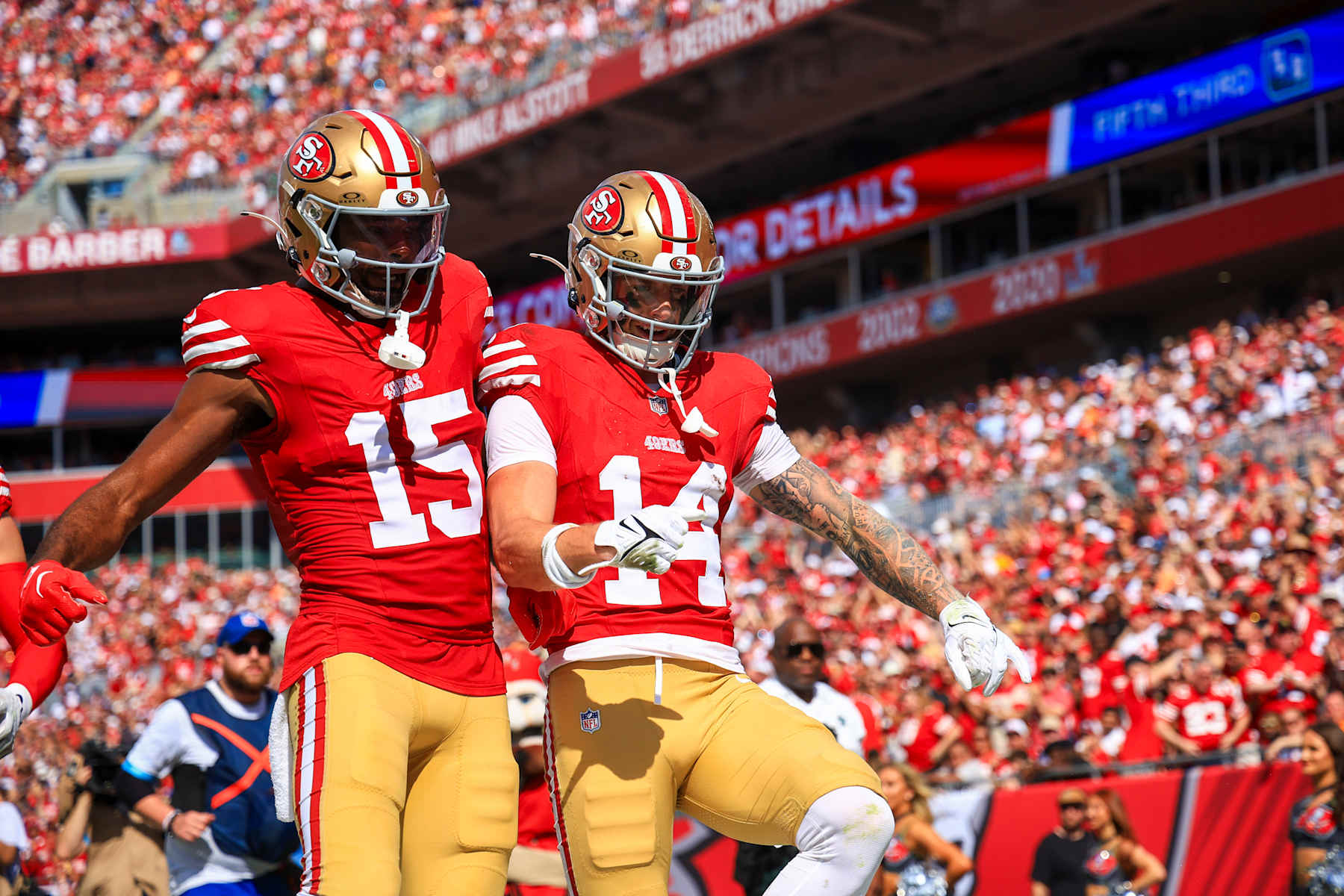 TAMPA, FLORIDA - NOVEMBER 10: Ricky Pearsall #14 and Jauan Jennings #15 of the San Francisco 49ers celebrate a touchdown during the first quarter against the Tampa Bay Buccaneers at Raymond James Stadium on November 10, 2024 in Tampa, Florida. (Photo by Mike Ehrmann/Getty Images) TAMPA, FLORIDA - NOVEMBER 10: Ricky Pearsall #14 and Jauan Jennings #15 of the San Francisco 49ers celebrate a touchdown during the first quarter against the Tampa Bay Buccaneers at Raymond James Stadium on November 10, 2024 in Tampa, Florida. (Photo by Mike Ehrmann/Getty Images)