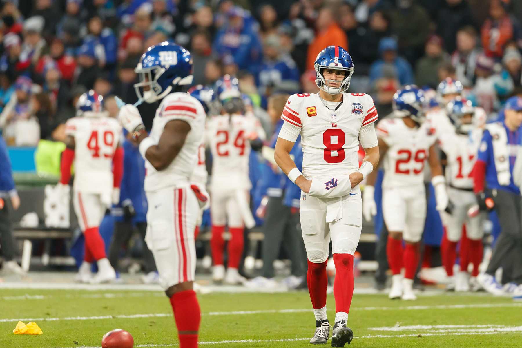 Munich, Germany - November 10: Daniel Jones of New York Giants looks on during the NFL Munich Game 2024 match between New York Giants and Carolina Panthers at Allianz Arena on November 10, 2024 in Munich, Germany. (Photo by Mario Hommes/DeFodi Images via Getty Images)