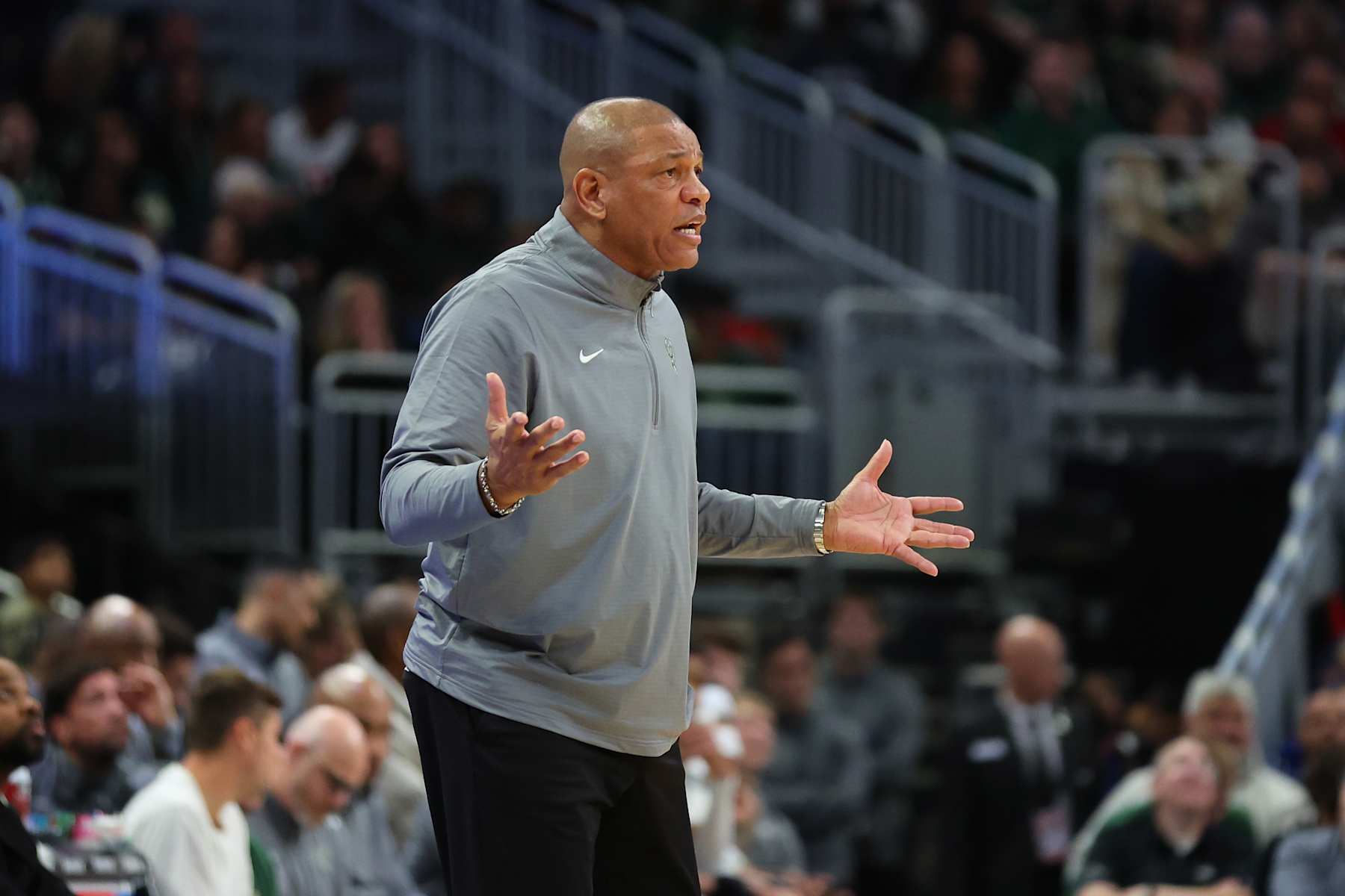 MILWAUKEE, WISCONSIN - NOVEMBER 07: Head coach Doc Rivers of the Milwaukee Bucks watches action during a game against the Utah Jazz at Fiserv Forum on November 07, 2024 in Milwaukee, Wisconsin.  NOTE TO USER: User expressly acknowledges and agrees that, by downloading and or using this photograph, User is consenting to the terms and conditions of the Getty Images License Agreement. (Photo by Stacy Revere/Getty Images)
