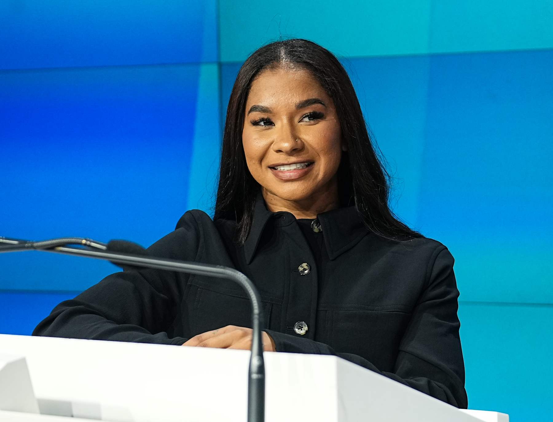 NEW YORK, NEW YORK - AUGUST 08: Jordan Chiles rings the Nasdaq closing bell at the Nasdaq MarketSite on August 08, 2024 in New York City. (Photo by John Nacion/Getty Images)
