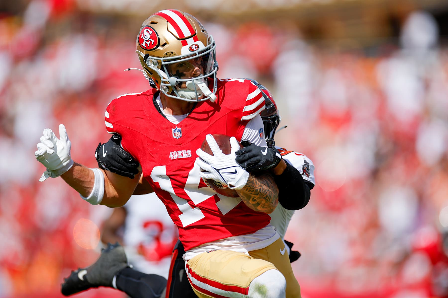 TAMPA, FLORIDA - NOVEMBER 10: Ricky Pearsall #14 of the San Francisco 49ers runs with the ball for a touchdown during the first quarter against the Tampa Bay Buccaneers at Raymond James Stadium on November 10, 2024 in Tampa, Florida. (Photo by Mike Ehrmann/Getty Images)
