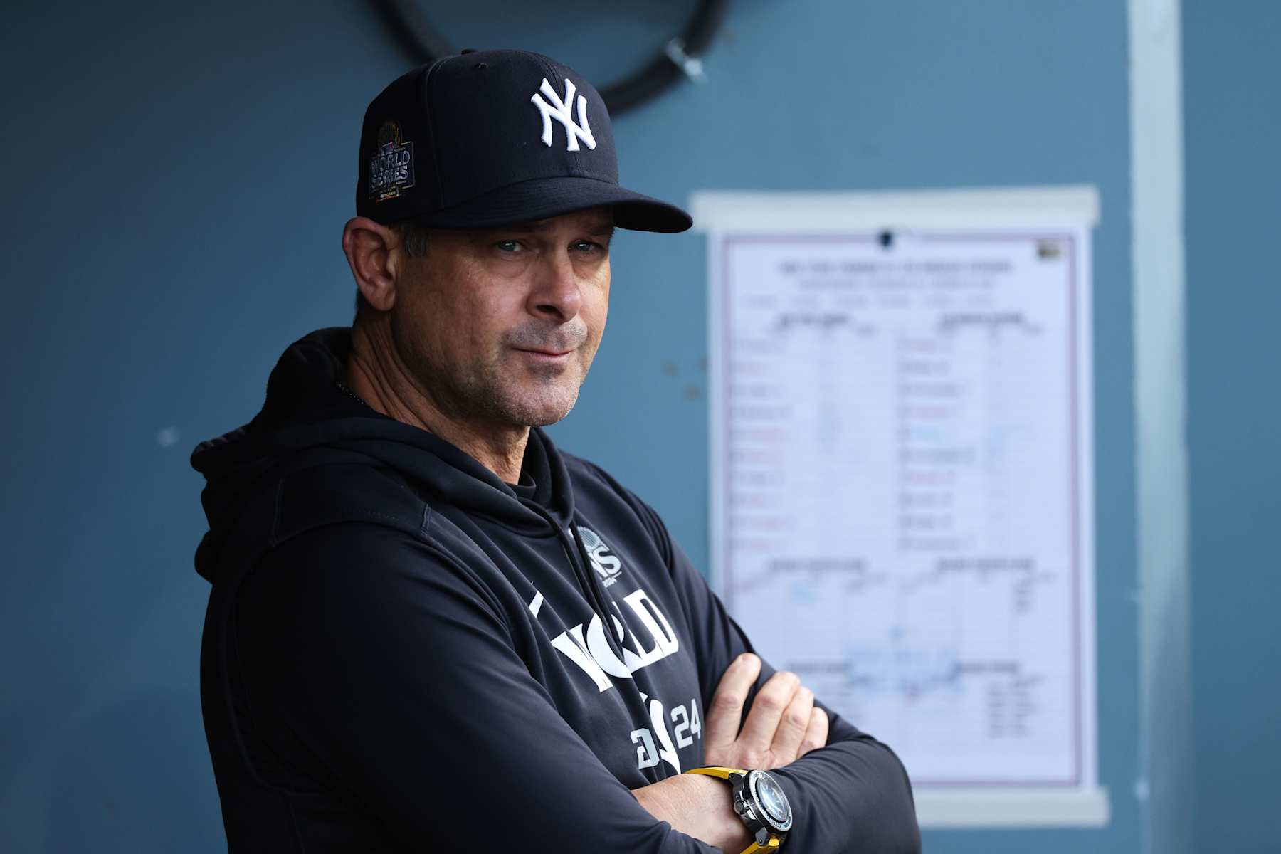 LOS ANGELES, CALIFORNIA - OCTOBER 26: Manager Aaron Boone #17 of the New York Yankees looks on from the dugout before playing the Los Angeles Dodgers during Game Two of the 2024 World Series at Dodger Stadium on October 26, 2024 in Los Angeles, California. (Photo by Harry How/Getty Images)