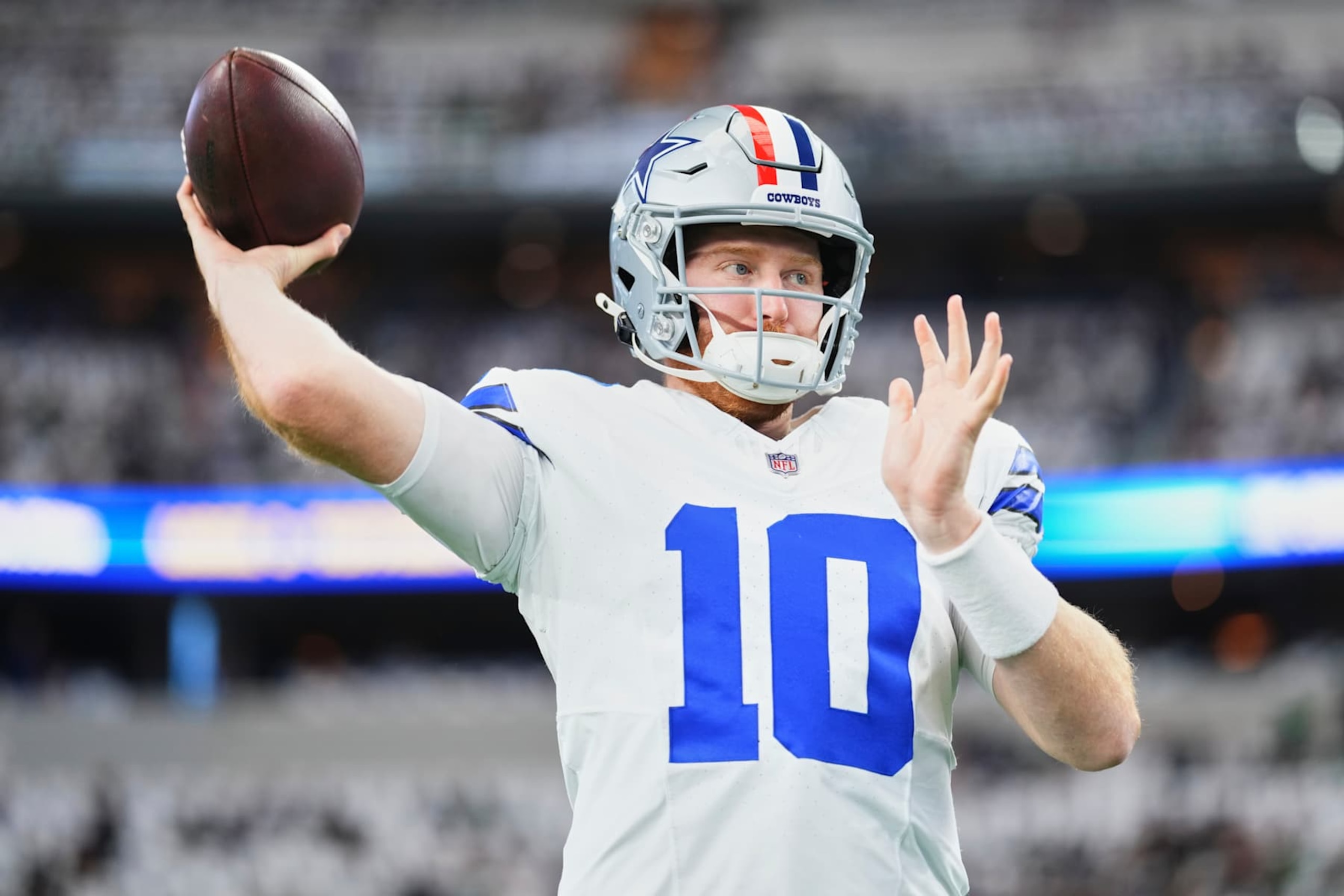 ARLINGTON, TX - NOVEMBER 10: Cooper Rush #10 of the Dallas Cowboys warms up before kickoff against the Philadelphia Eagles prior to an NFL football game at AT&T Stadium on November 10, 2024 in Arlington, Texas. (Photo by Cooper Neill/Getty Images)
