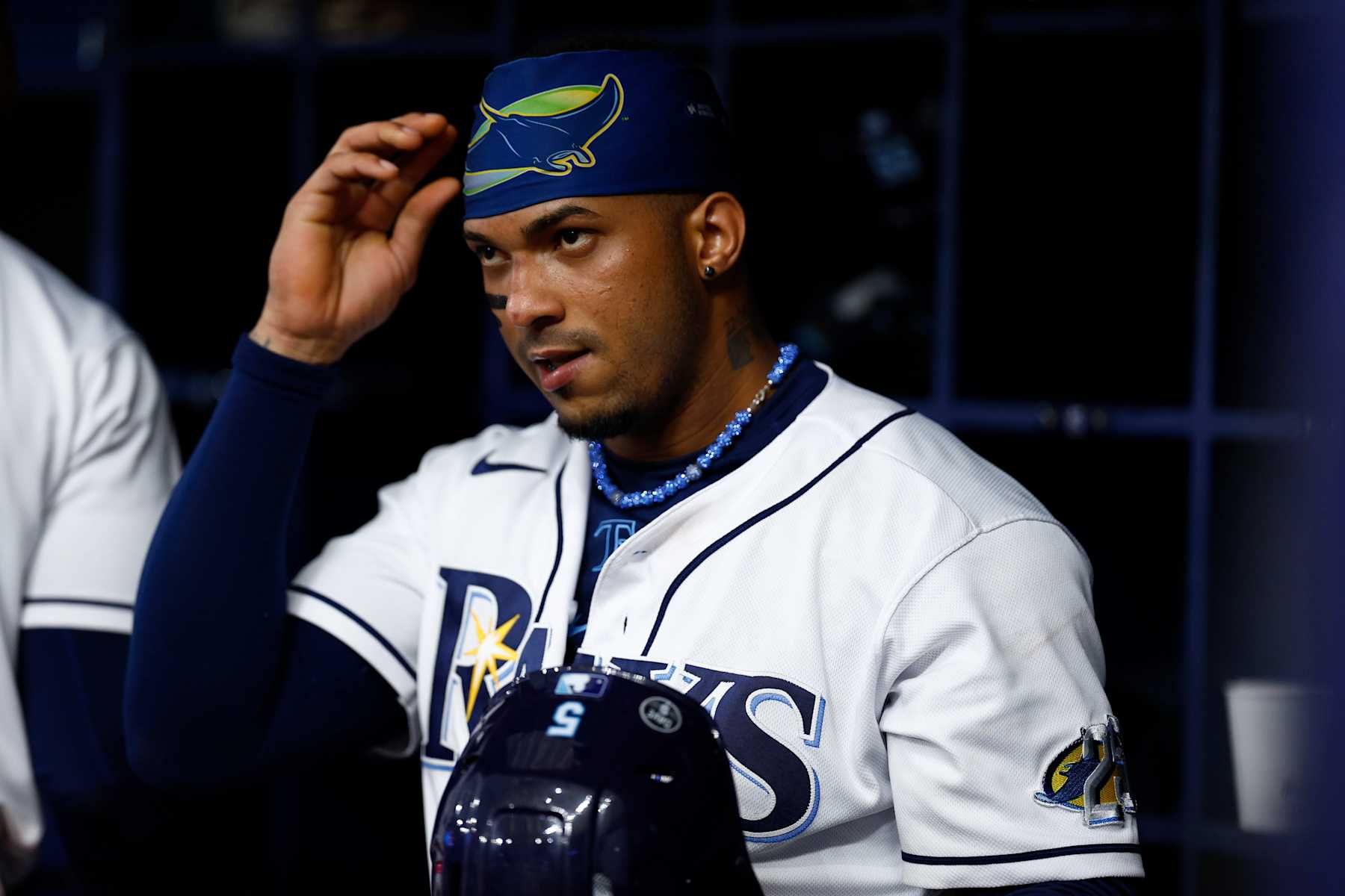 ST PETERSBURG, FLORIDA - AUGUST 12: Wander Franco #5 of the Tampa Bay Rays prepares to bat during the ninth inning against the Cleveland Guardians at Tropicana Field on August 12, 2023 in St Petersburg, Florida. (Photo by Douglas P. DeFelice/Getty Images)
