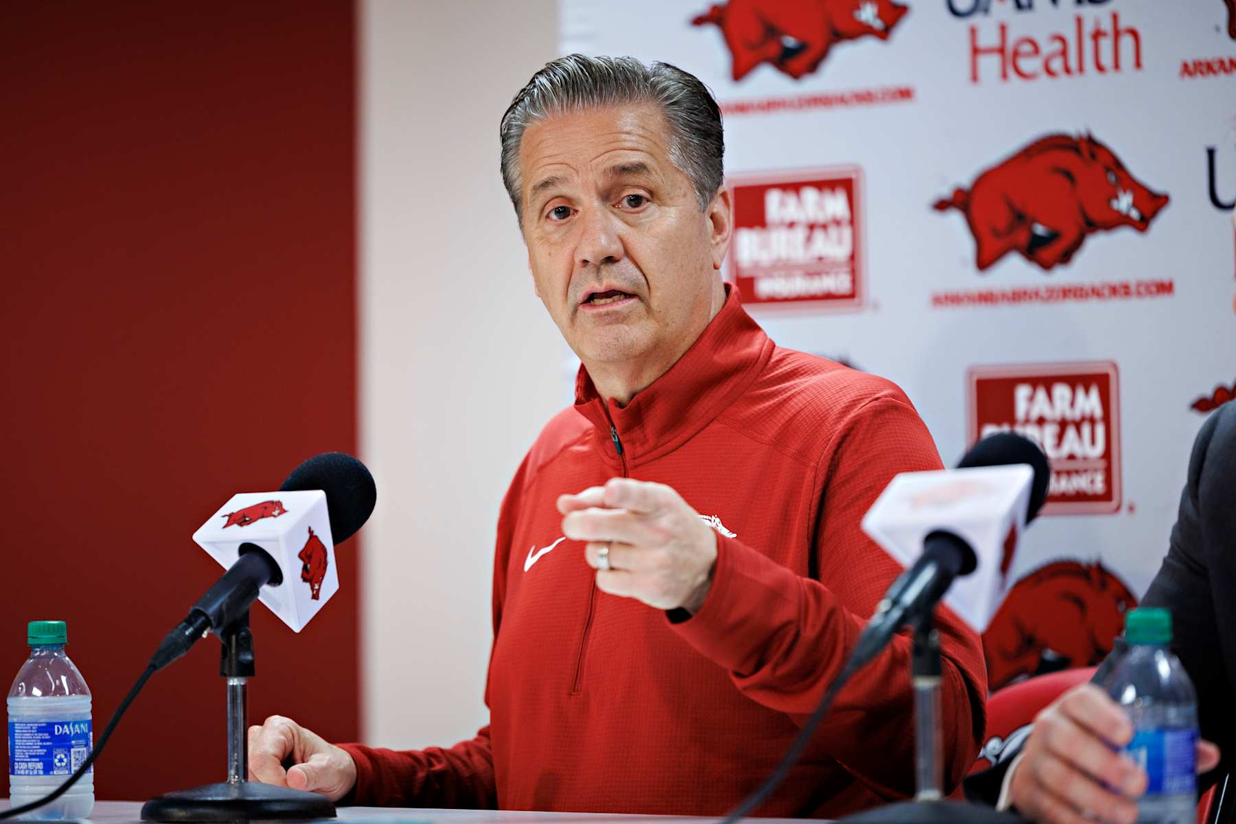 FAYETTEVILLE, ARKANSAS - APRIL 10: New Arkansas Razorback basketball Head Coach John Calipari holds his first press conference after his introduction at Bud Walton Arena on April 10, 2024 in Fayetteville, Arkansas. (Photo by Wesley Hitt/Getty Images)