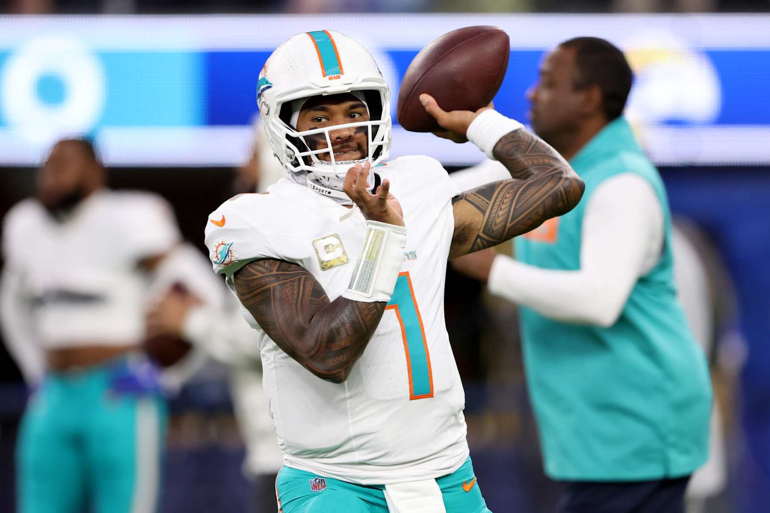 INGLEWOOD, CALIFORNIA - NOVEMBER 11: Tua Tagovailoa #1 of the Miami Dolphins warms up prior to the game against the Los Angeles Rams at SoFi Stadium on November 11, 2024 in Inglewood, California. (Photo by Sean M. Haffey/Getty Images) INGLEWOOD, CALIFORNIA - NOVEMBER 11: Tua Tagovailoa #1 of the Miami Dolphins warms up prior to the game against the Los Angeles Rams at SoFi Stadium on November 11, 2024 in Inglewood, California. (Photo by Sean M. Haffey/Getty Images)