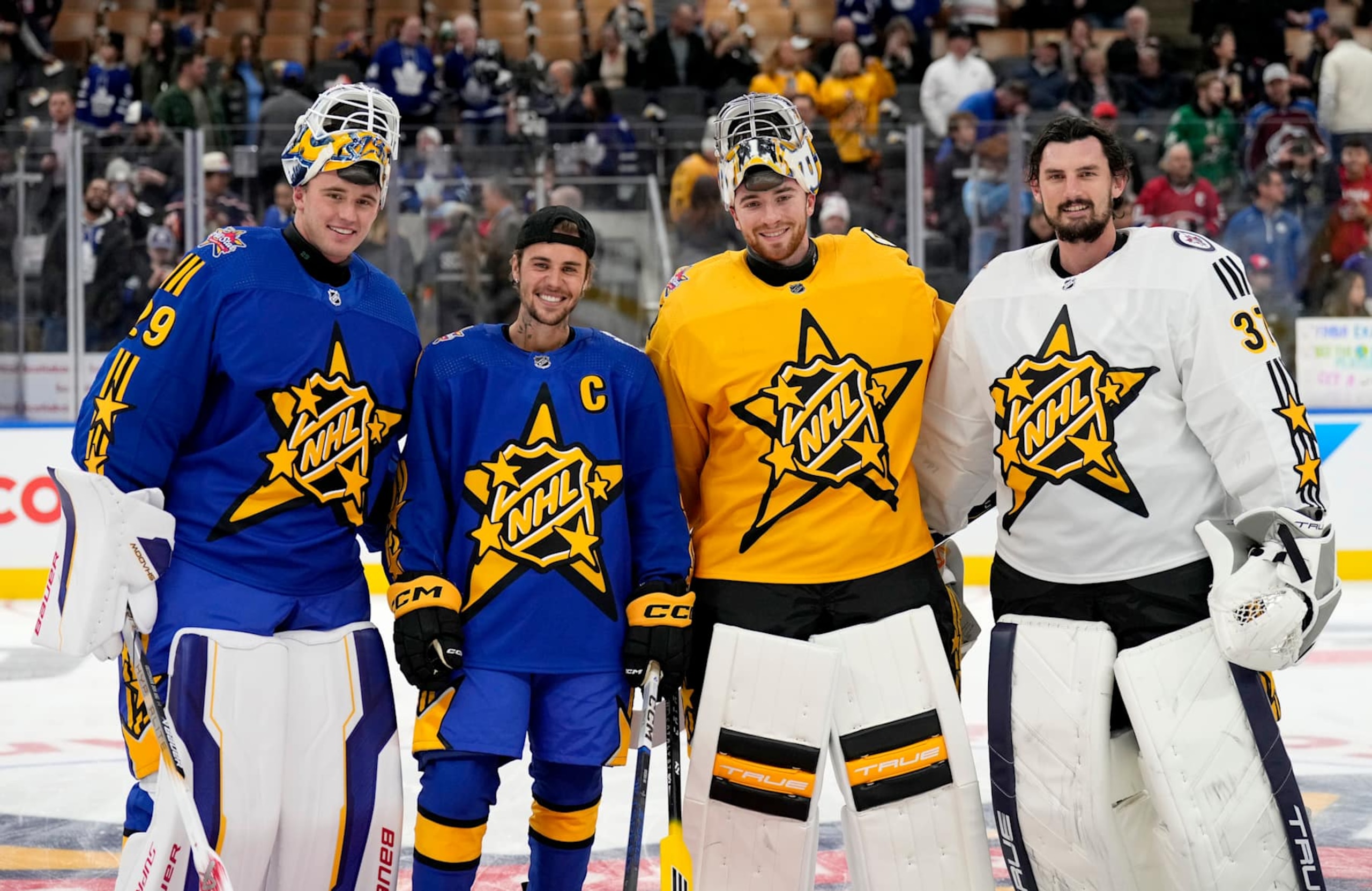 Jake Oettinger, Justin Bieber, Jeremy Swayman and Connor Hellebuyck Jake Oettinger, Justin Bieber, Jeremy Swayman and Connor Hellebuyck
