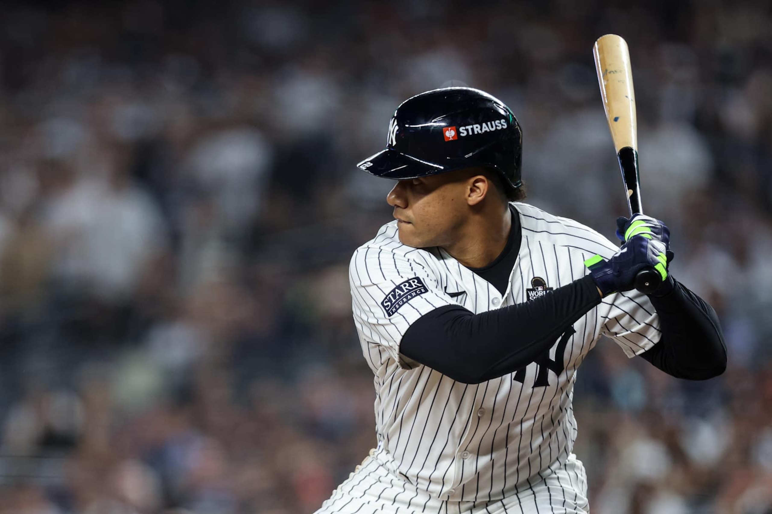 NEW YORK, NY - OCTOBER 30: Juan Soto #22 of the New York Yankees bats during Game 5 of the 2024 World Series presented by Capital One between the Los Angeles Dodgers and the New York Yankees at Yankee Stadium on Wednesday, October 30, 2024 in New York, New York. (Photo by Rob Tringali/MLB Photos via Getty Images) NEW YORK, NY - OCTOBER 30: Juan Soto #22 of the New York Yankees bats during Game 5 of the 2024 World Series presented by Capital One between the Los Angeles Dodgers and the New York Yankees at Yankee Stadium on Wednesday, October 30, 2024 in New York, New York. (Photo by Rob Tringali/MLB Photos via Getty Images)