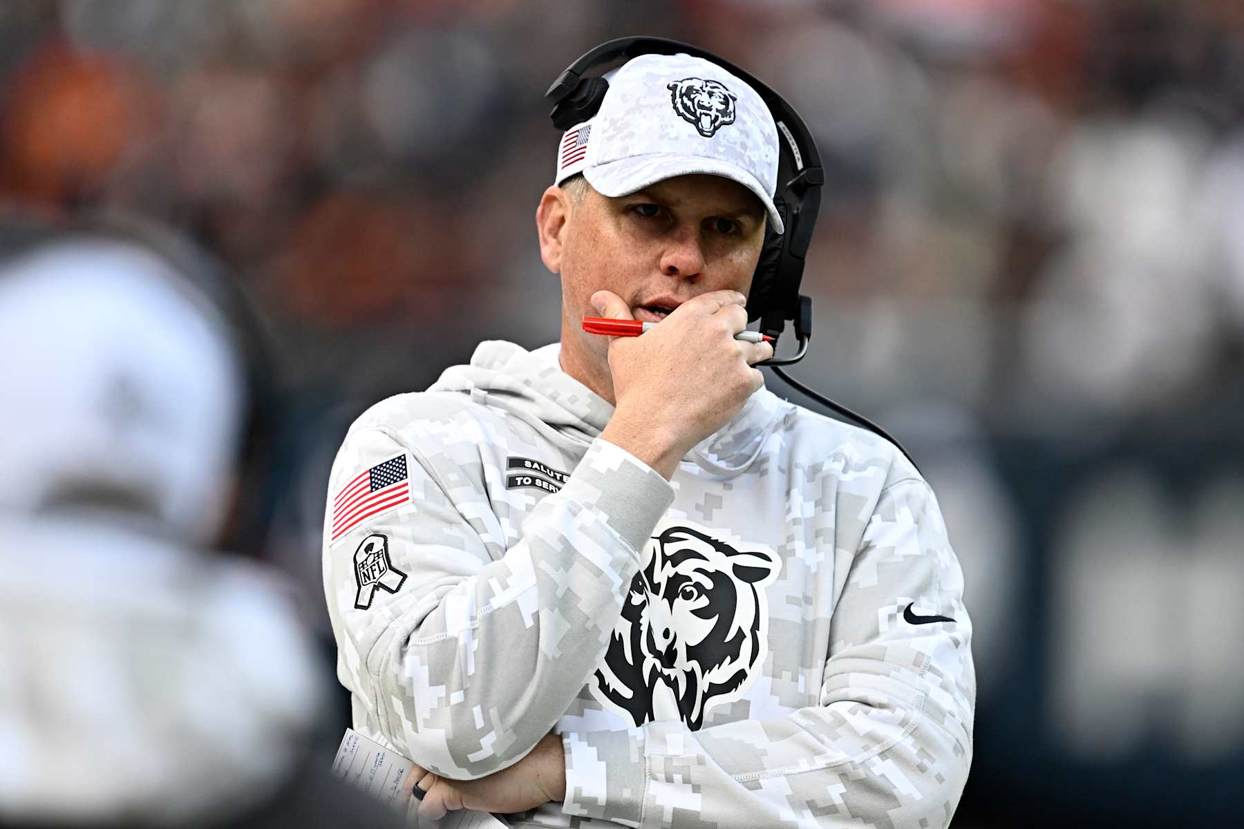CHICAGO, ILLINOIS - NOVEMBER 10: Offensive coordinator Shane Waldron of the Chicago Bears looks on during the second half against the New England Patriots at Soldier Field on November 10, 2024 in Chicago, Illinois. (Photo by Quinn Harris/Getty Images)
