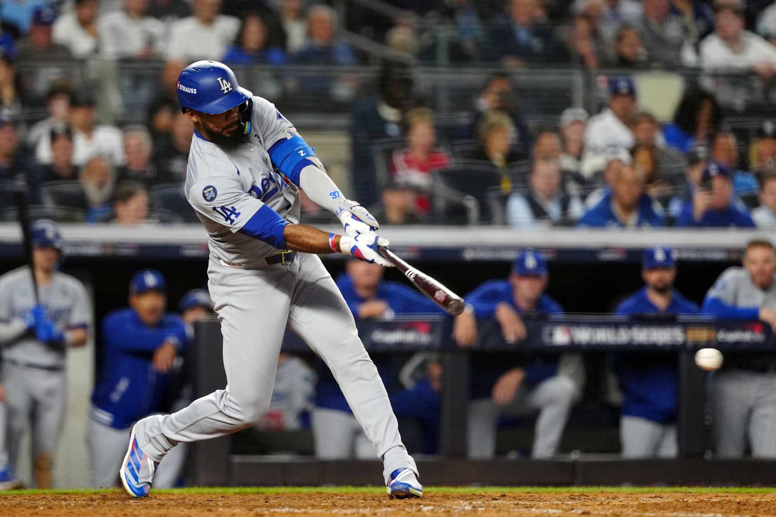 NEW YORK, NY - OCTOBER 30: Teoscar Hernández #37 of the Los Angeles Dodgers singles in the ninth inning during Game 5 of the 2024 World Series presented by Capital One between the Los Angeles Dodgers and the New York Yankees at Yankee Stadium on Wednesday, October 30, 2024 in New York, New York. (Photo by Mary DeCicco/MLB Photos via Getty Images) NEW YORK, NY - OCTOBER 30: Teoscar Hernández #37 of the Los Angeles Dodgers singles in the ninth inning during Game 5 of the 2024 World Series presented by Capital One between the Los Angeles Dodgers and the New York Yankees at Yankee Stadium on Wednesday, October 30, 2024 in New York, New York. (Photo by Mary DeCicco/MLB Photos via Getty Images)