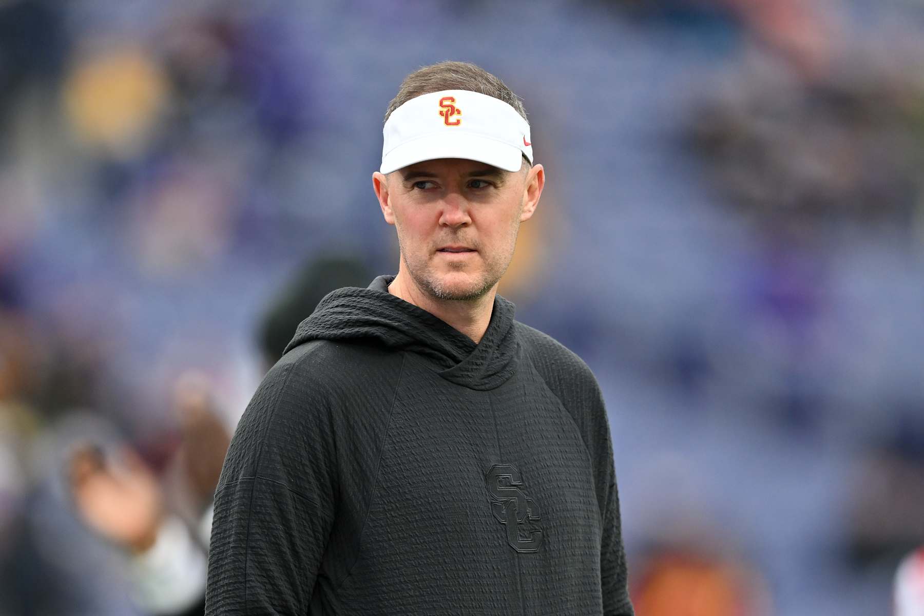 SEATTLE, WASHINGTON - NOVEMBER 02: Head coach Lincoln Riley of the USC Trojans looks on before the game against the Washington Huskies at Husky Stadium on November 02, 2024 in Seattle, Washington. (Photo by Alika Jenner/Getty Images)
