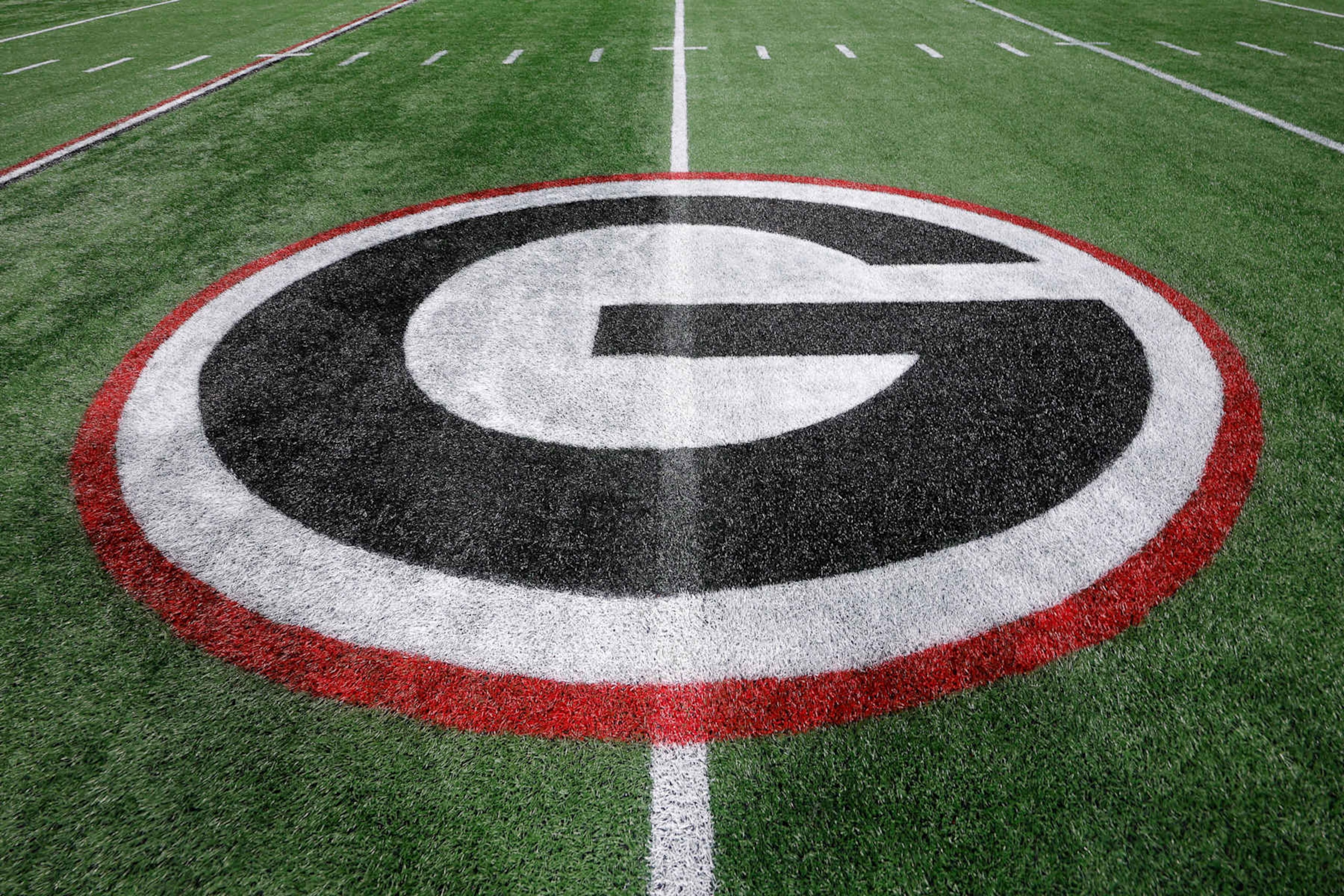 ATLANTA, GEORGIA - DECEMBER 2: A general view of a Georgia logo painted on the field prior to the SEC Championship game between the Alabama Crimson Tide and the Georgia Bulldogs at Mercedes-Benz Stadium on December 2, 2023 in Atlanta, Georgia. (Photo by Todd Kirkland/Getty Images)
