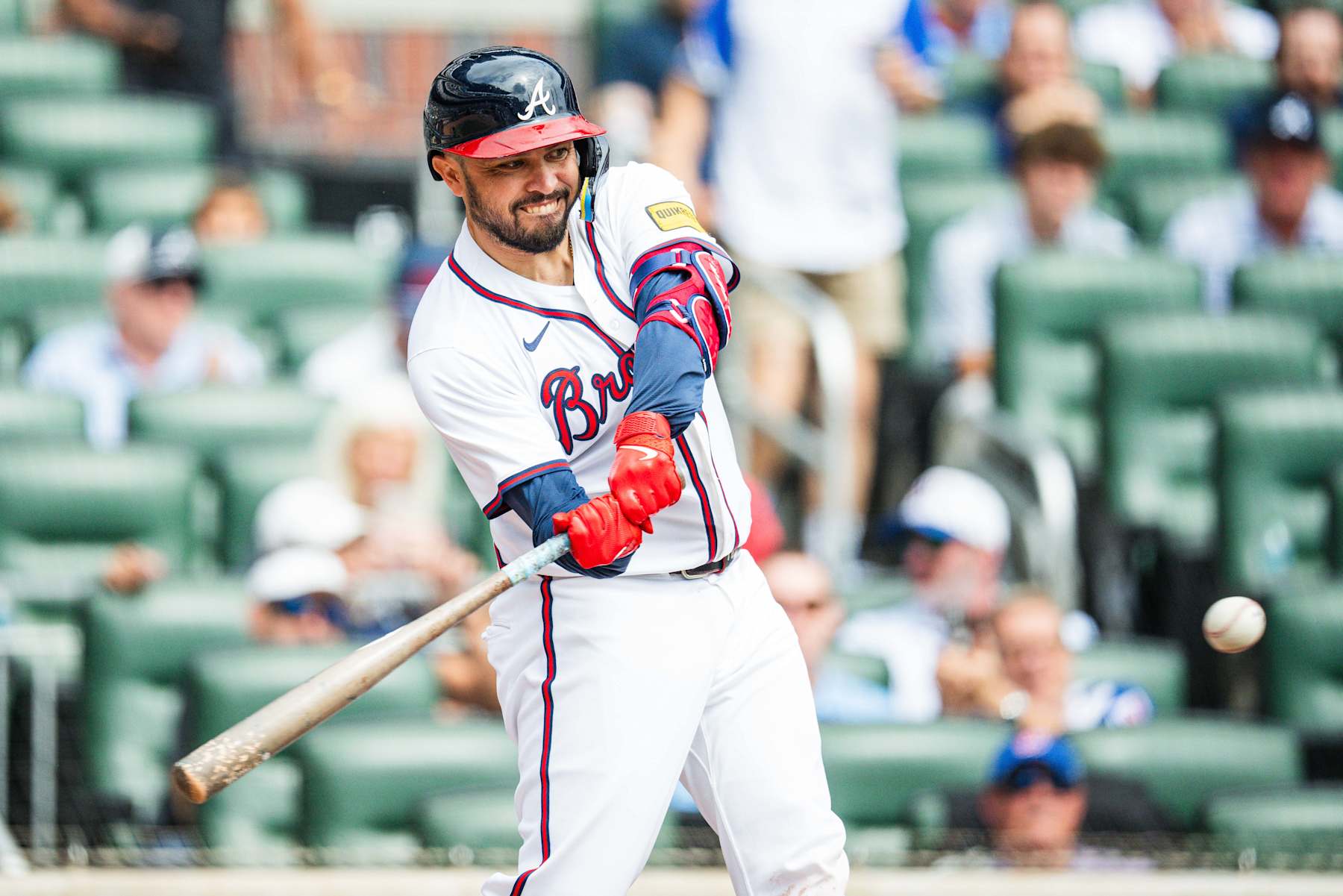 ATLANTA, GA - SEPTEMBER 30: Travis d'Arnaud #16 of the Atlanta Braves hits a single during the second inning in game one of a doubleheader against the New York Mets at Truist Park on September 30, 2024 in Atlanta, Georgia. (Photo by Kevin D. Liles/Atlanta Braves/Getty Images)