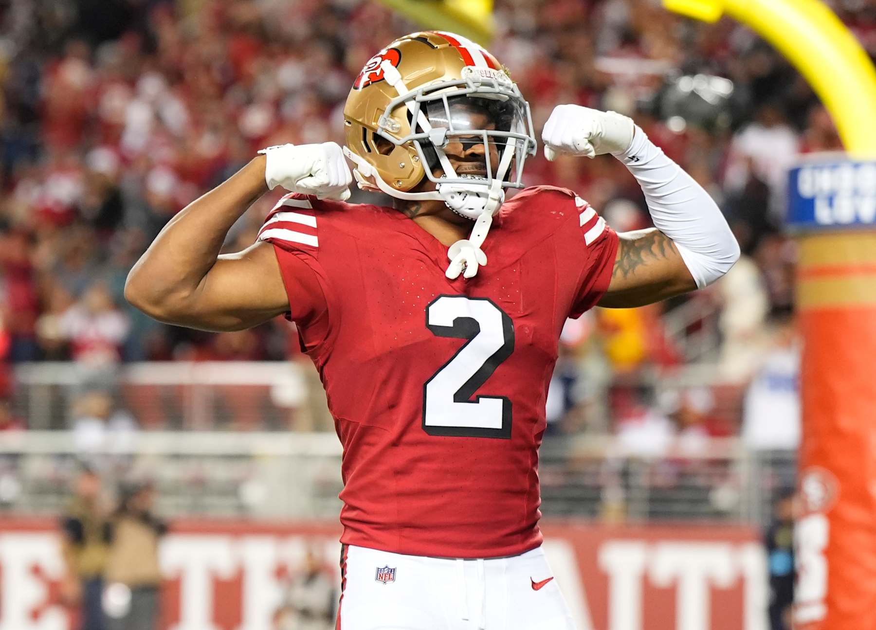 SANTA CLARA, CALIFORNIA - OCTOBER 27: Deommodore Lenoir #2 of the San Francisco 49ers celebrates after an interception during the third quarter against the Dallas Cowboys at Levi's Stadium on October 27, 2024 in Santa Clara, California. (Photo by Thearon W. Henderson/Getty Images)