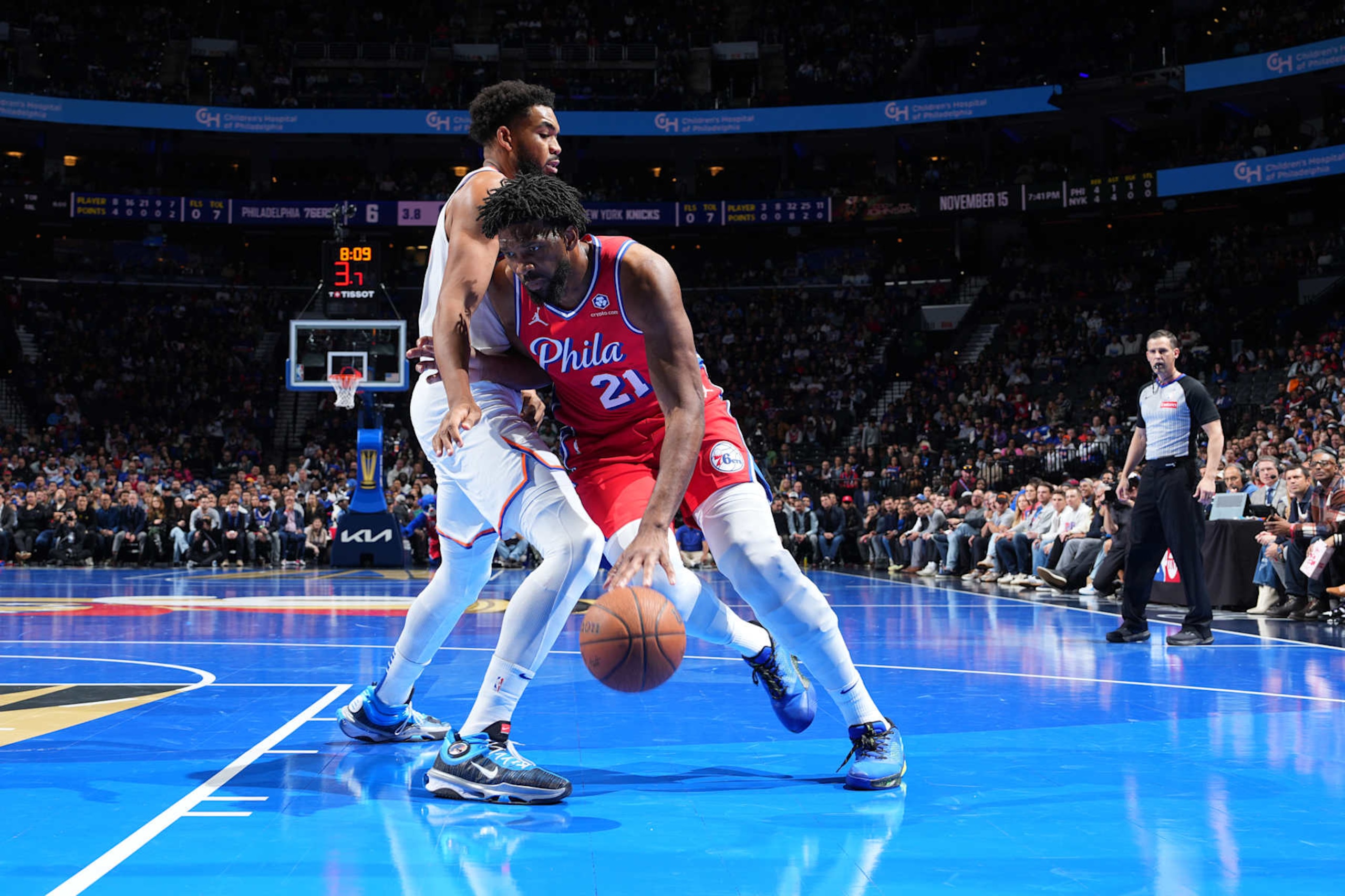 PHILADELPHIA, PA - NOVEMBER 12: Joel Embiid #21 of the Philadelphia 76ers dribbles the ball during the game against the New York Knicks during the Emirates NBA Cup game on November 12, 2024 at the Wells Fargo Center in Philadelphia, Pennsylvania NOTE TO USER: User expressly acknowledges and agrees that, by downloading and/or using this Photograph, user is consenting to the terms and conditions of the Getty Images License Agreement. Mandatory Copyright Notice: Copyright 2024 NBAE (Photo by Jesse D. Garrabrant/NBAE via Getty Images) PHILADELPHIA, PA - NOVEMBER 12: Joel Embiid #21 of the Philadelphia 76ers dribbles the ball during the game against the New York Knicks during the Emirates NBA Cup game on November 12, 2024 at the Wells Fargo Center in Philadelphia, Pennsylvania NOTE TO USER: User expressly acknowledges and agrees that, by downloading and/or using this Photograph, user is consenting to the terms and conditions of the Getty Images License Agreement. Mandatory Copyright Notice: Copyright 2024 NBAE (Photo by Jesse D. Garrabrant/NBAE via Getty Images)